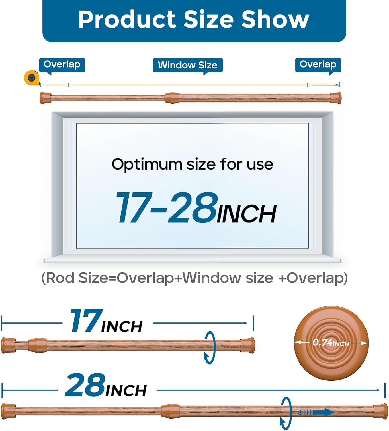 Spring Tension Curtain Rods Short Tension Rod (Wood, 16" to 28"-2Pcs, Optimum Scope of Application 16 to 24 Inch, Can'T Hang Heavy Curtains)