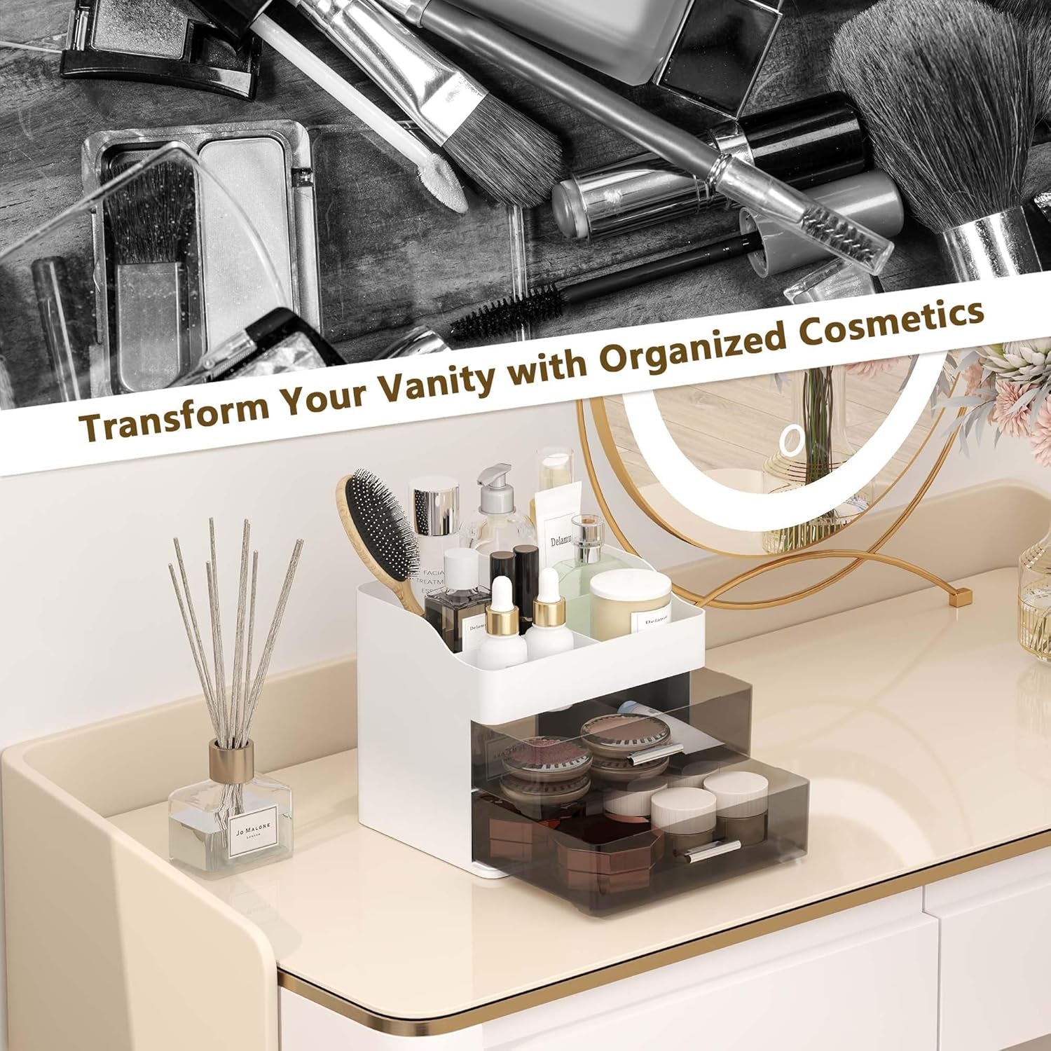 Makeup Organizer Countertop, 3-Tier Large Capacity Bathroom Counter Organizer with 2 Clear Drawers for Easy Access, Ideal for Makeup, Skincare, Lipsticks, Office Supplies, Present, Etc, White