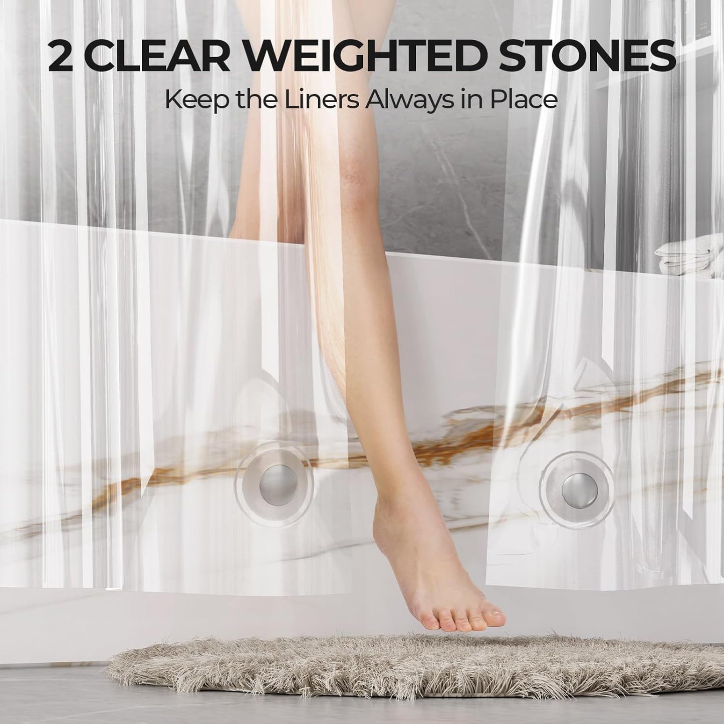 Stall Shower Curtain Liner 2 Pack, 36 X 72 Inches PEVA Plastic Shower Liner with 2 Weighted Stones and 6 Rustproof Metal Grommet, Lightweight Waterproof Shower Curtain - Clear