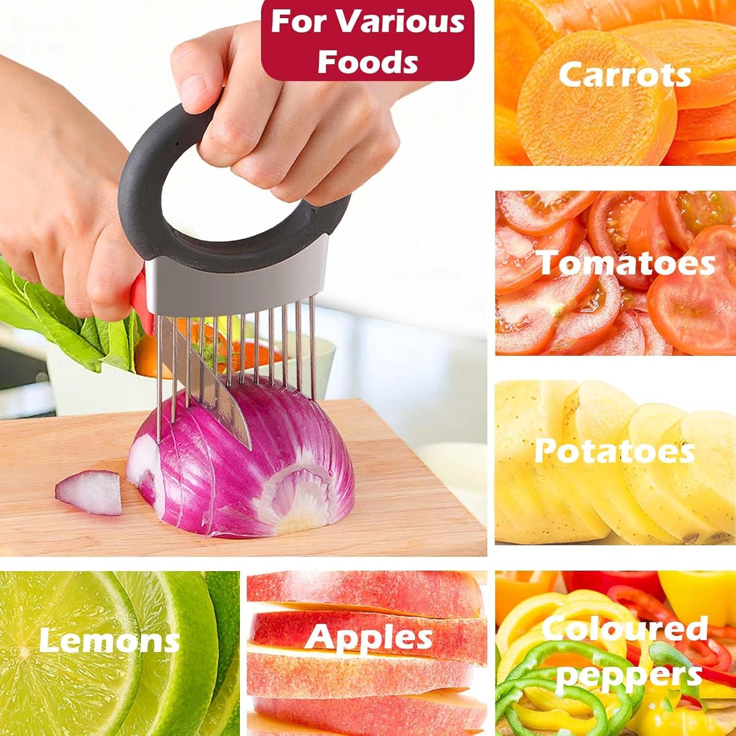 Onion Holder for Slicing, Onion Cutter Vegetable Chopper, Stainless Steel Tomato Potato Slicer, Meat Tenderizer Tool, Convenient Grip Food Slicer Assistant, Food Slice Guide for Vegetable Fruit