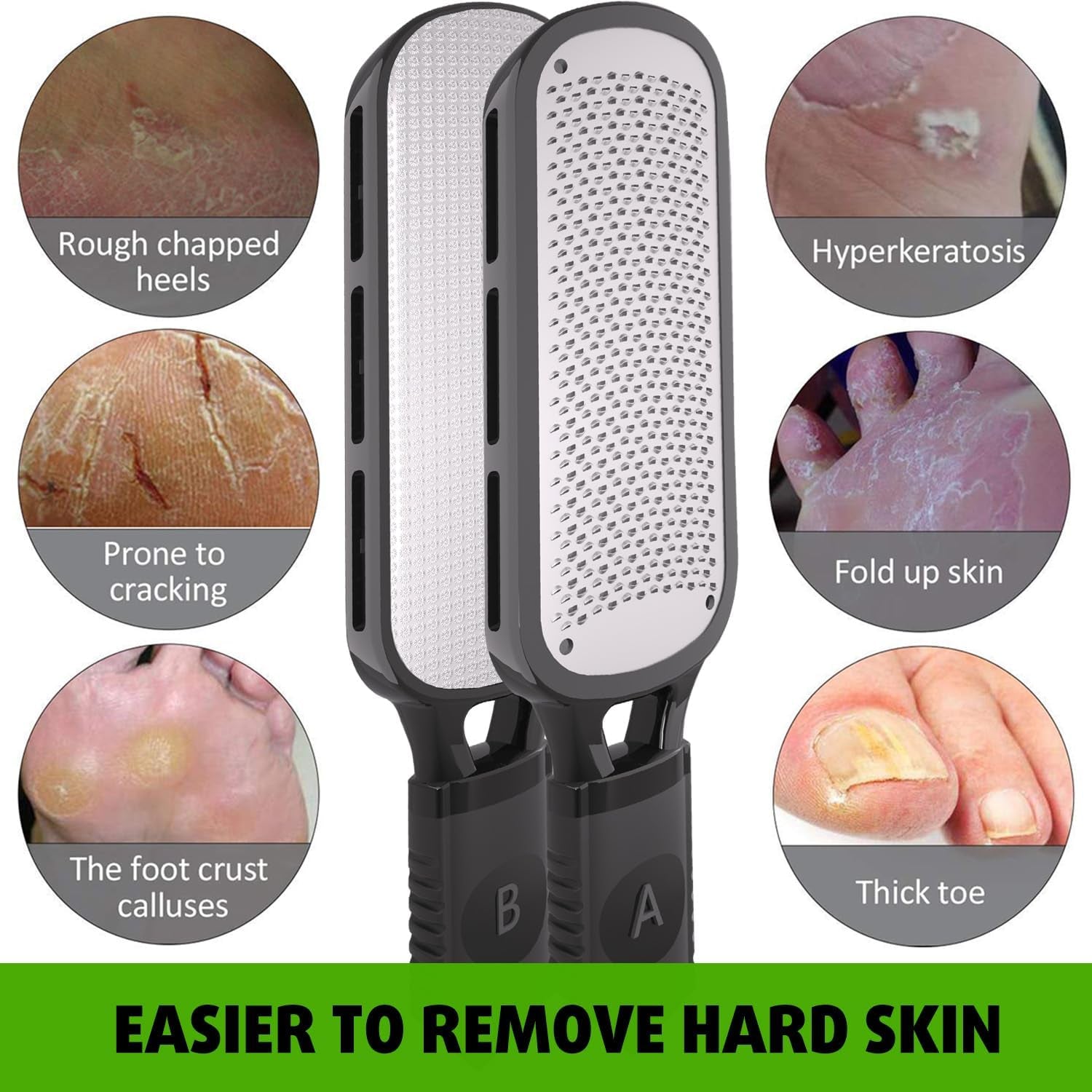 Foot File for Dead Skin, Double Sided Callus Remover for Feet, Metal Foot Scrubber for Cracked Heel, Professional Foot Scraper Rasp Pedicure Tool to Remove Hard Skin - 2 in 1 Foot File