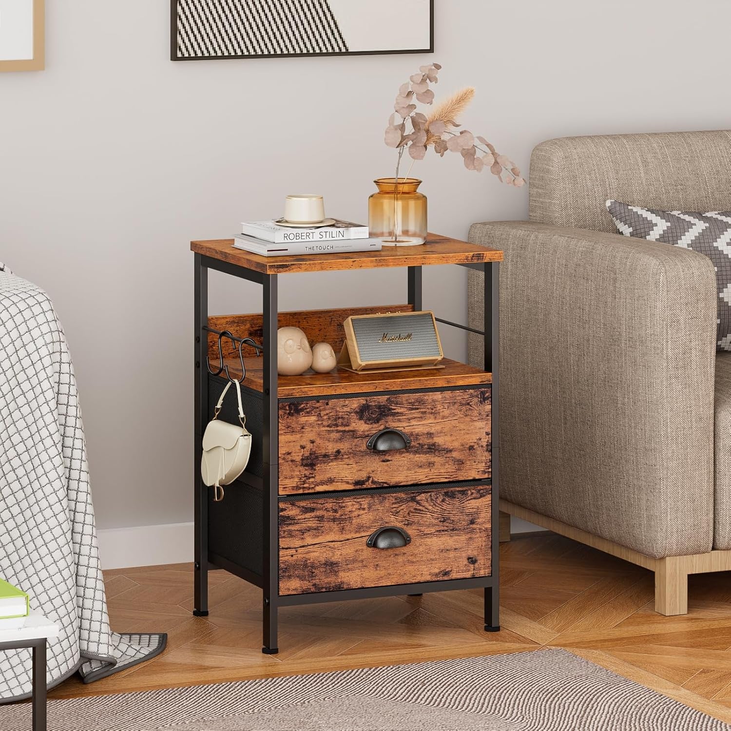 Nightstands Set 2, Bedside Table with 2 Fabric Drawers, End Table with Hooks and Shelf, Side Table for Bedroom/Living Room/Study/Hallway/Brown