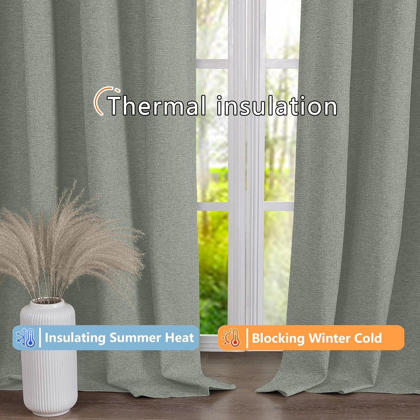 Linen Textured 100% Sage Green Blackout Curtains 63 Inch Length 2 Panels for Bedroom, Thermal Insulated Soundproof Grommet Curtains Blackout, Farmhouse Window Privacy Drapes, 40"W X 63"L