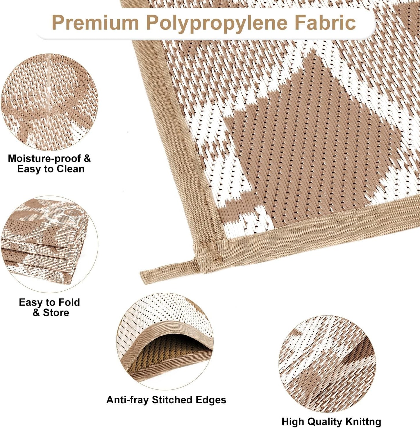 Reversible Waterproof Outdoor Rug for Patio, 6' x 9' Plastic Straw Area Mat, Ideal for RVs, Decks, Porches, Picnics, Beaches, and Balconies in Brown and White