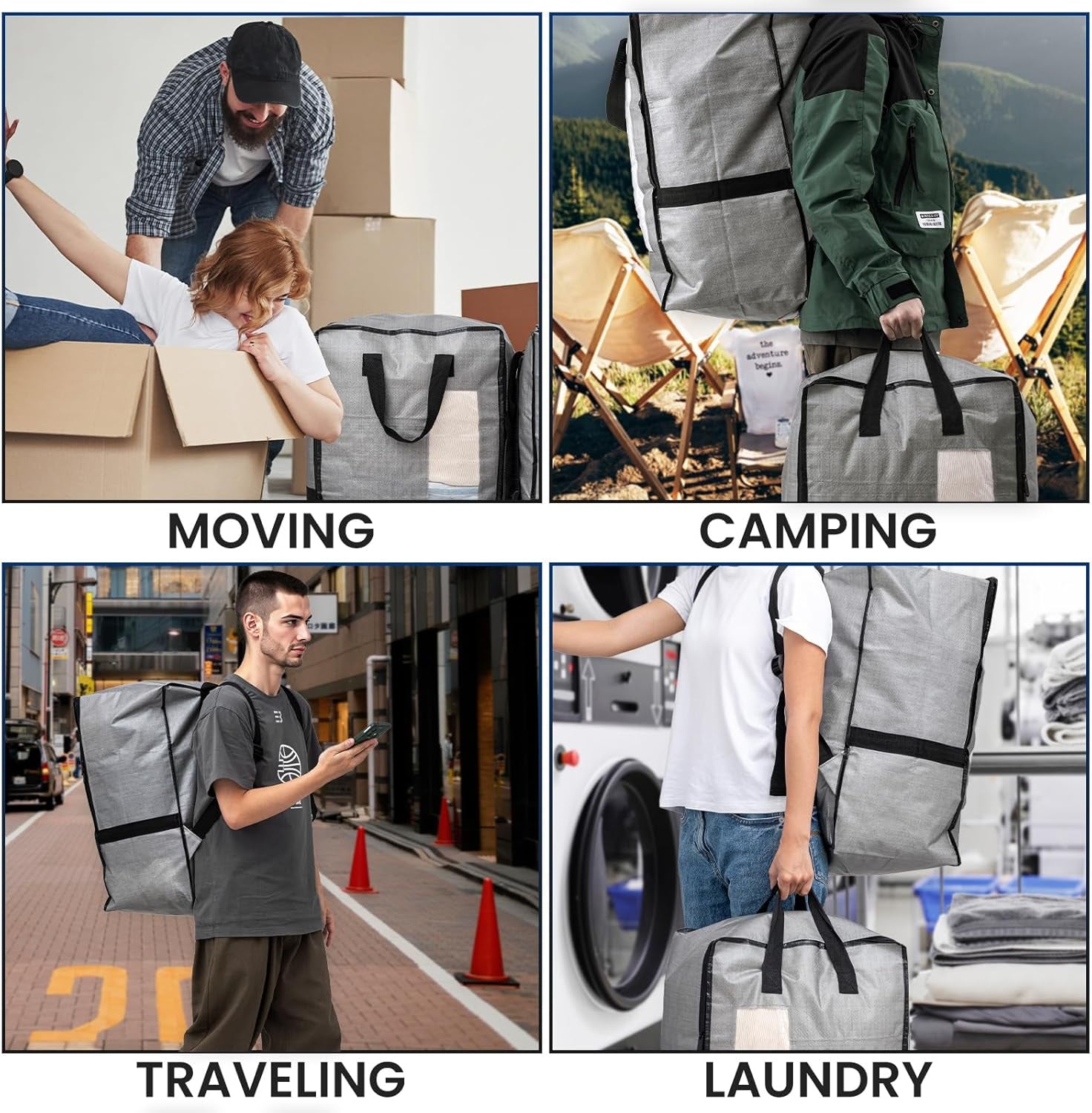 2 Pack Gray Moving Bags W/Adjustable Backpack Straps, Moving Supplies, Moving Boxes Alternative, Heavy Duty Storage Totes for College Packing, Camping Backpack for Travel, Dorm, Laundry