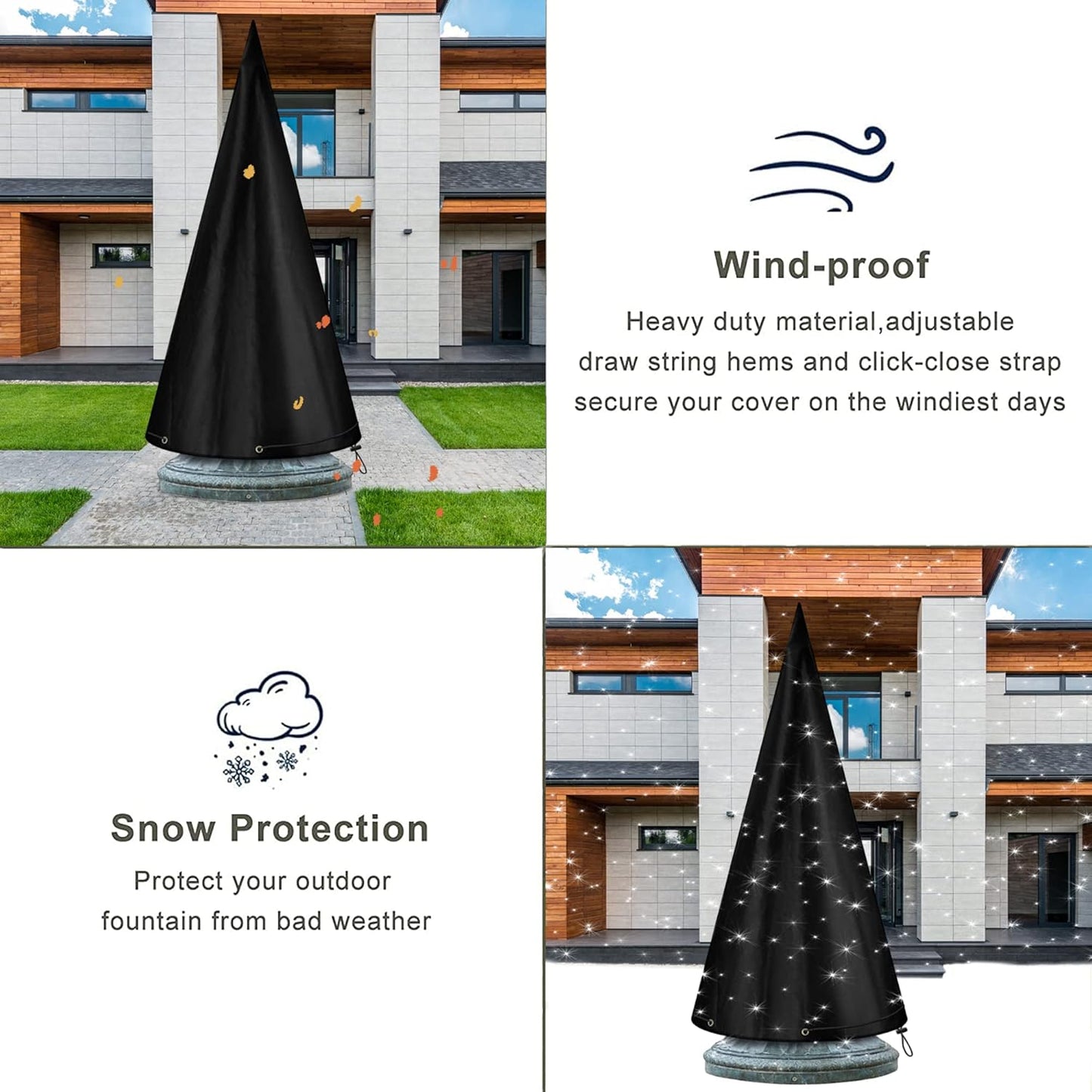 Outdoor 48"X61" Garden Fountain Cover, Heavy Duty Waterproof Bird Bath Cover, Fountain Cover with Locking Drawstring for Winter, Black