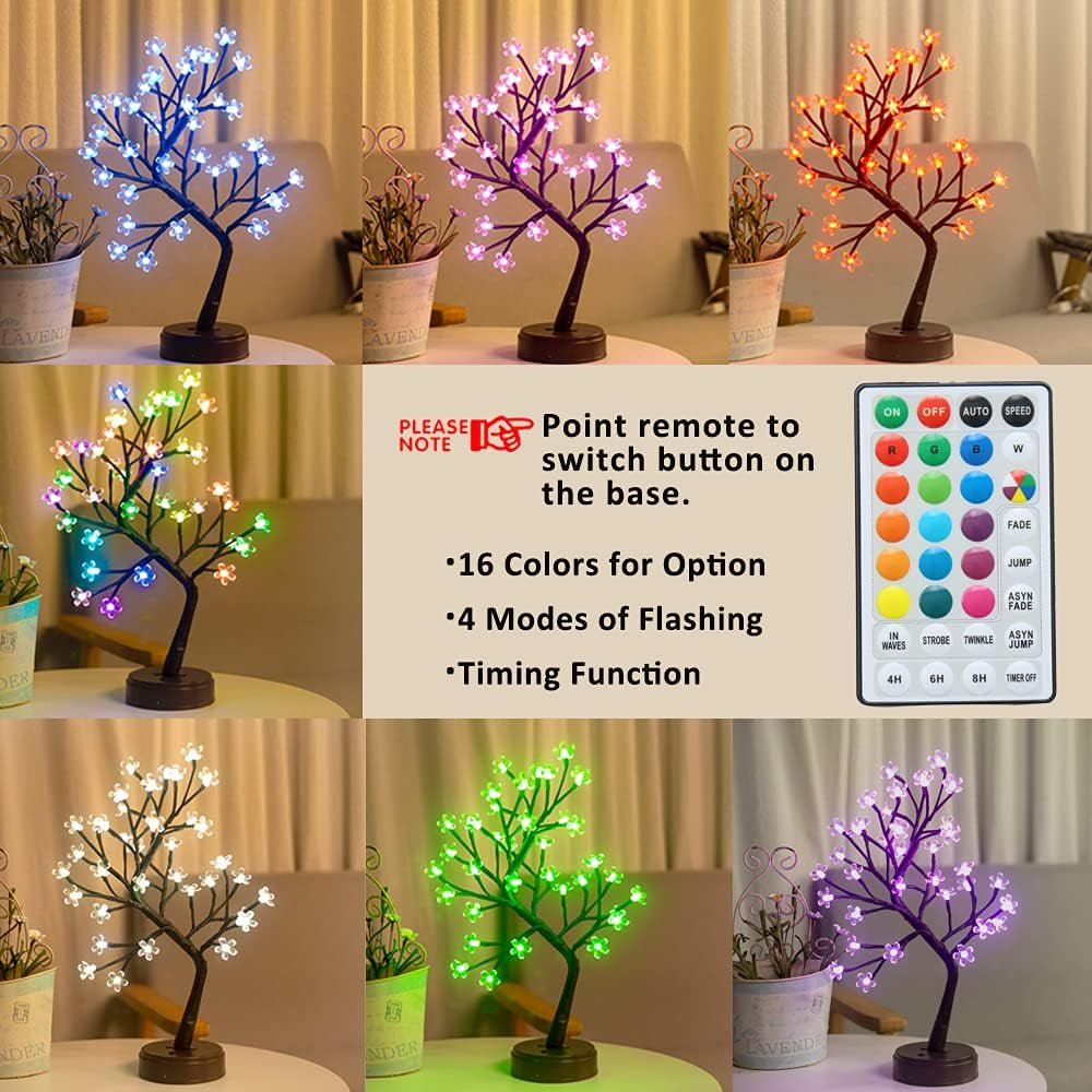 RGB Cherry Blossom Tree Light with Remote 16 Color-Changing LED Artificial Flower Bonsai Tree, Pink Table Top Lamp Home Lit Tree Valentine'S Day Christmas Decoration 36 LED, Brown Branch