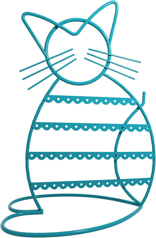 Jewelry Organizer Stand Cat Shaped Earring Holder Organizer Metal 48 Stud Earring Holes Jewelry Holder, Metal Jewelry Display Vanity Organizer for Girls - Blue