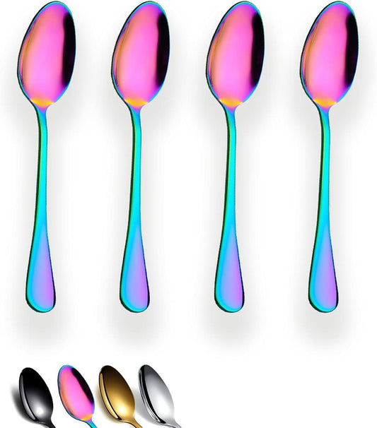Set of 4 Rainbow Teaspoons, 6.5" Stainless Steel with Titanium Plating, Multi-Color Dessert Spoons, Easy to Clean and Dishwasher Safe