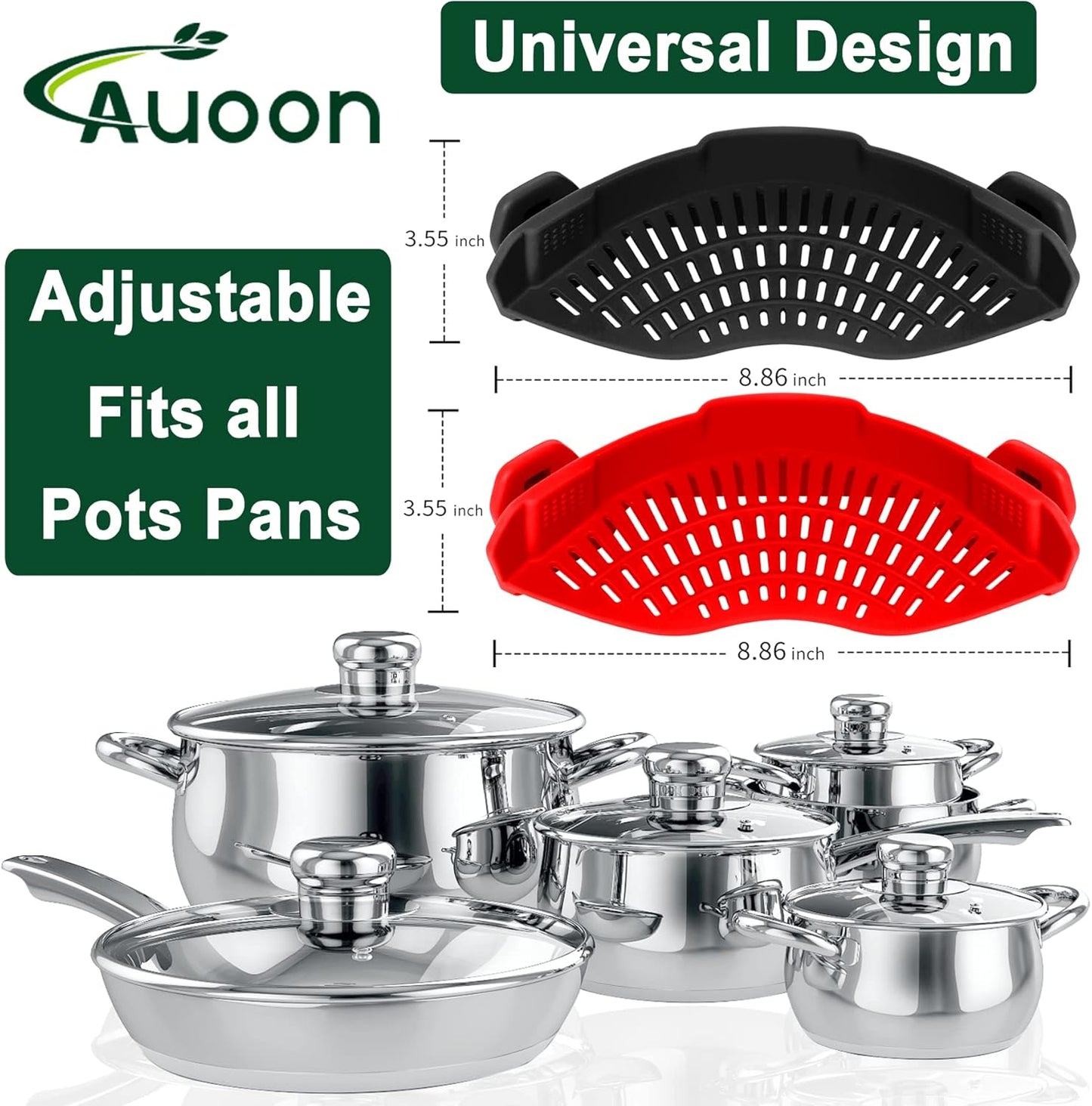 2PACK Clip on Strainer for All Pots Pans - Silicone Kitchen Colander Food Strainer for Pasta Meat Vegetable Fruits | Easy to Use and Store, Dishwasher Safe (Blackred)