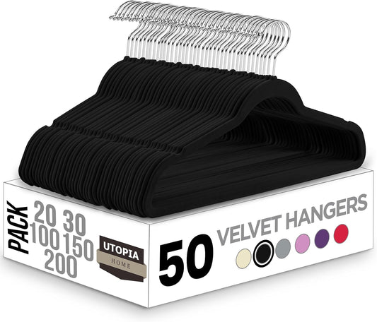 Velvet Hangers 50 Pack - Non-Slip Suit Hangers with 360 Degree Rotatable Hook - for Pants, Coats, Shirts & More (Black)