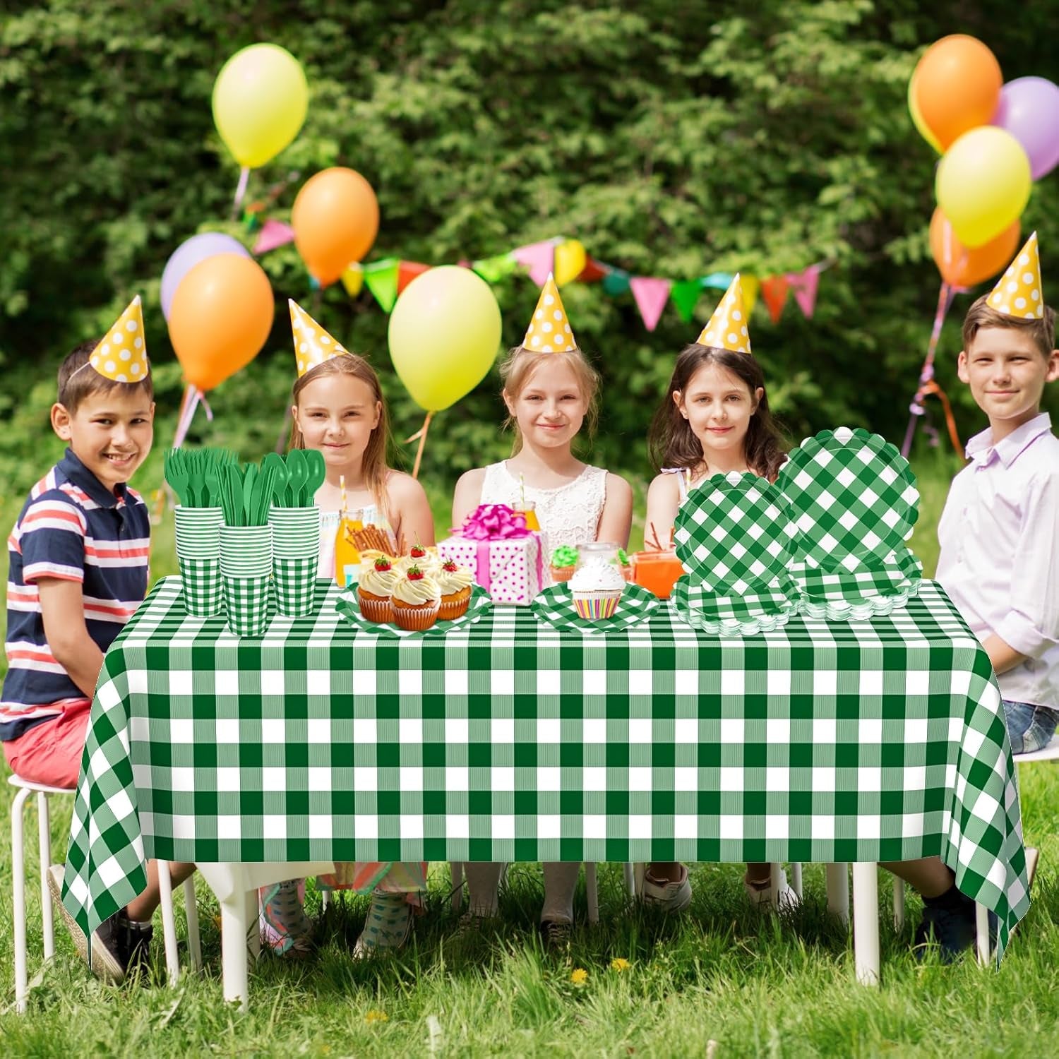 176 PCS Green Gingham Plates and Napkins, Green and White Checkered Disposable Plates Set with Napkins Cups Plastic Spoons Forks Knives for Dinner Birthday Picnic Golf Graduation Party Decorations