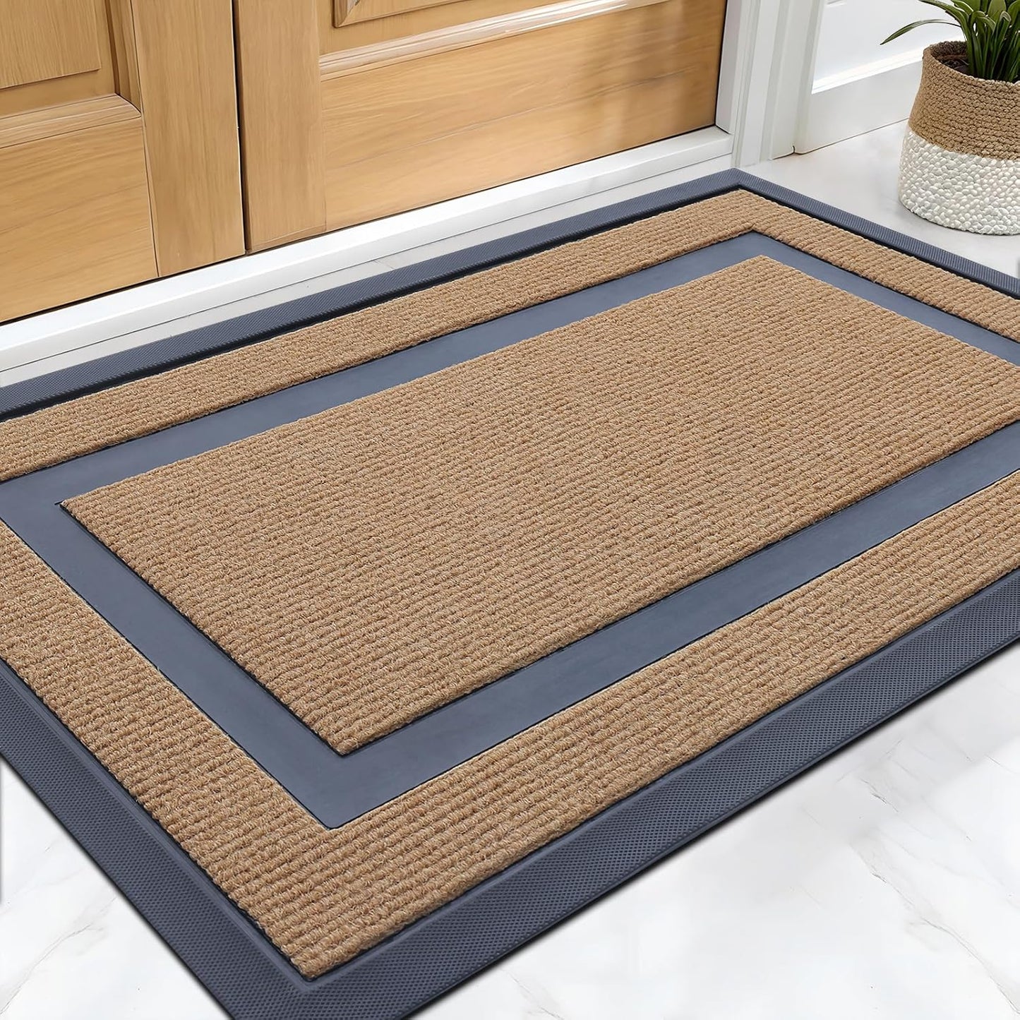 Front Door Mat Indoor Outdoor Entrance, Waterproof All-Season, All-Weather Doormat, Sturdy Natural Rubber, Fade Resistant, Low Profile, Easy Clean Patio Porch Entryway Mat, 29.5X17, Light Brown