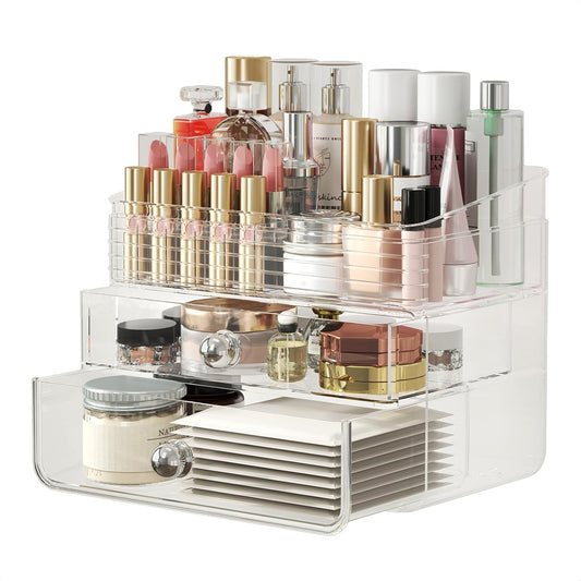 Makeup Organizer with Large Drawers, Bathroom Counter Skincare Organizer for Vanity,Storage Box with Handle, Cosmetic Display Case for Vanity Countertop, Skincare Perfume Storage, Clear