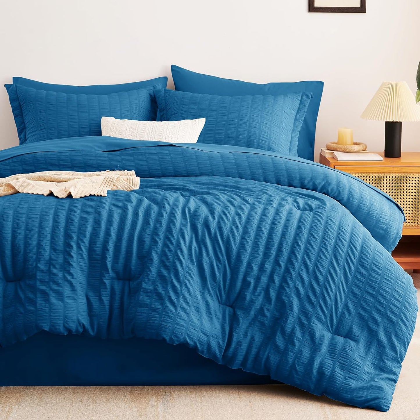 Full Seersucker Comforter Set with Teal Bed in a Bag 7-Pieces All Season Bedding Sets with Comforter, Pillow Sham, Flat Sheet, Fitted Sheet, Pillowcase