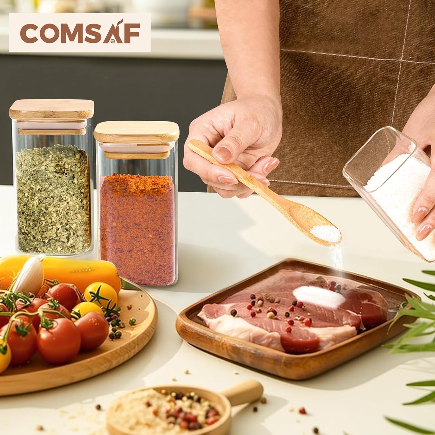 6Pcs 8Oz Spice Jars with Label Trial Set, Glass Spice Jars with Bamboo Lids Supplementary Set, Seasoning Container Trial Pack, Perfect for Ktichen Starter