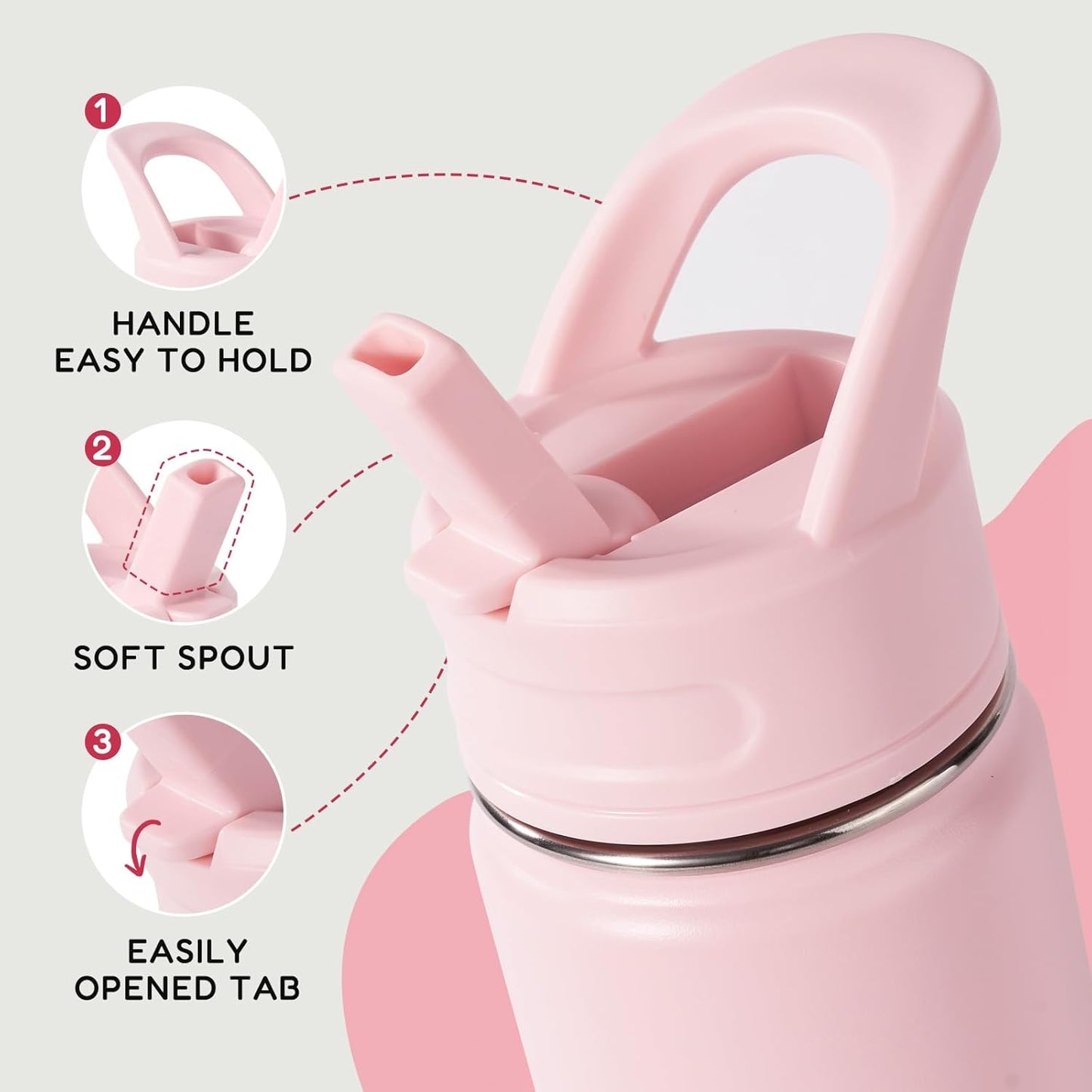 12Oz Kids Water Bottle for School, Toddler Bottles with Straws, Stainless Steel Vacuum Insulated Water Bottle for Boys&Girls, Leak-Proof, Bpa-Free, Cherry