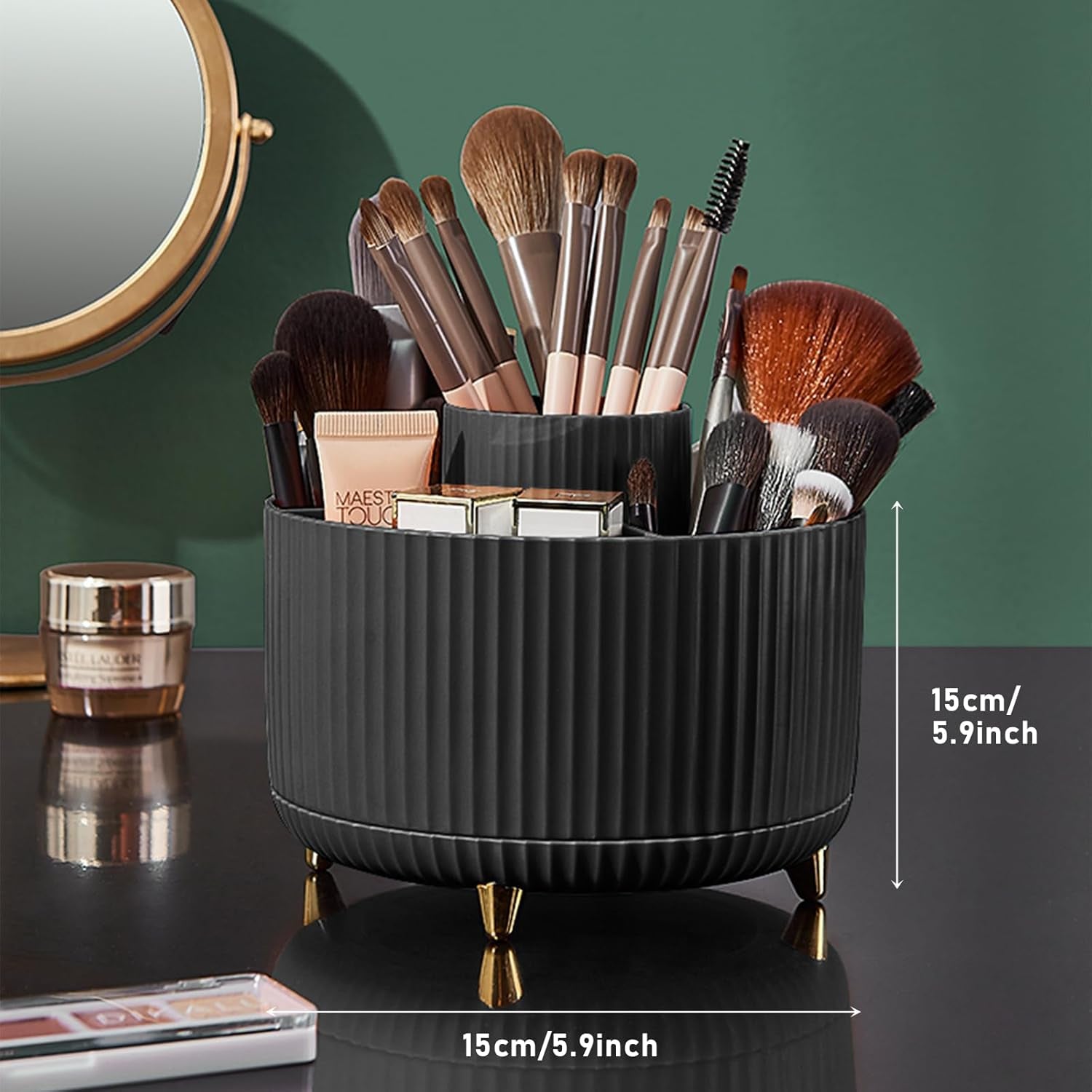 Makeup Brush Holder Organizer,360° Rotating Makeup Brush Organizer,5 Slot Make up Brushes Cup for Cosmetics, Nail Polish, Art Supply, Bathroom Vanity Desktop Organizer - Black