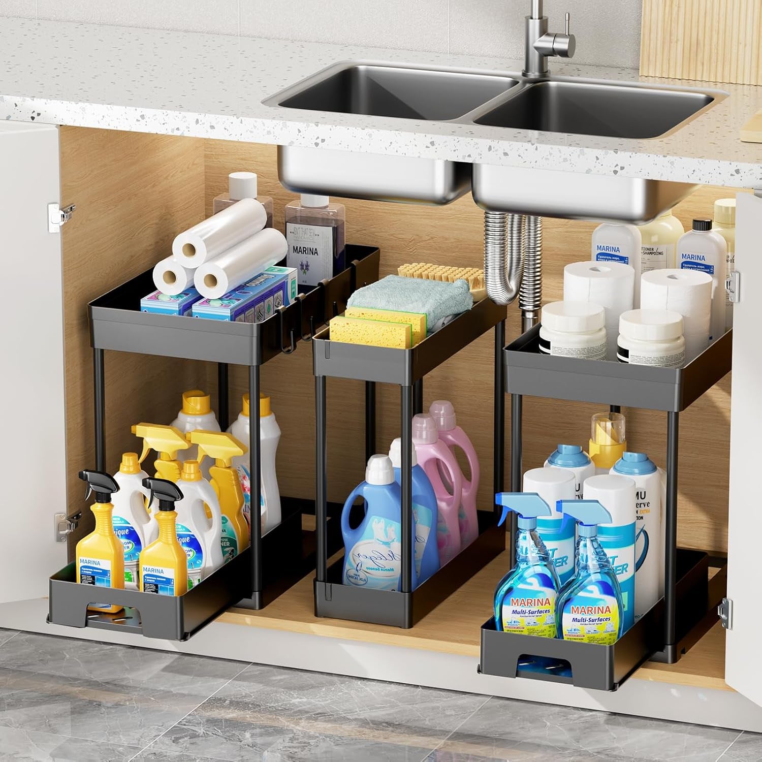 3 Pack under Sink Organizers and Storage, 2 Tier Black Bathroom Cabinet Organizer, Multi-Use Kitchen Bathroom Organizers and Storage, under Counter Organizer with Hooks