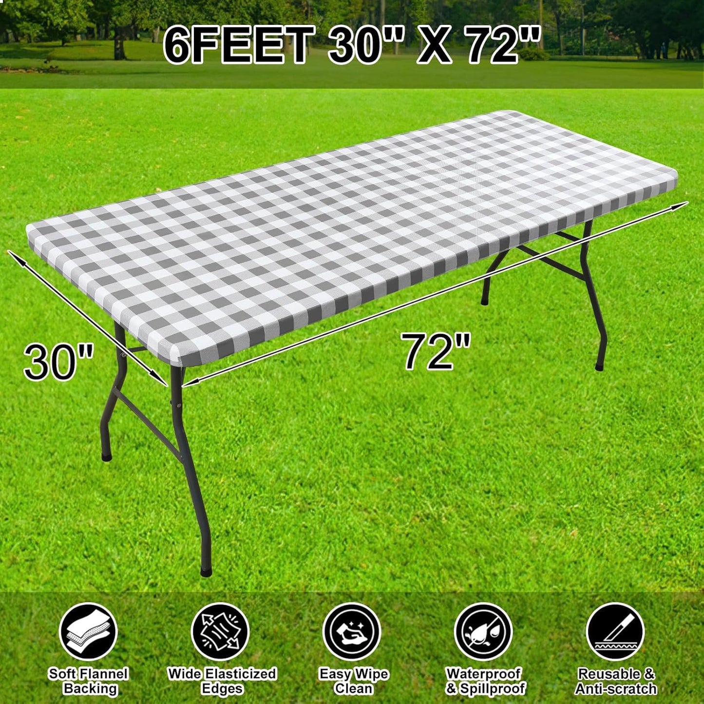 Rectangle Elastic Waterproof Fitted Vinyl Tablecloths with Flannel Backing, Buffalo Plaid Design for Dining and Outdoor Use (White and Grey, 30" x 72")