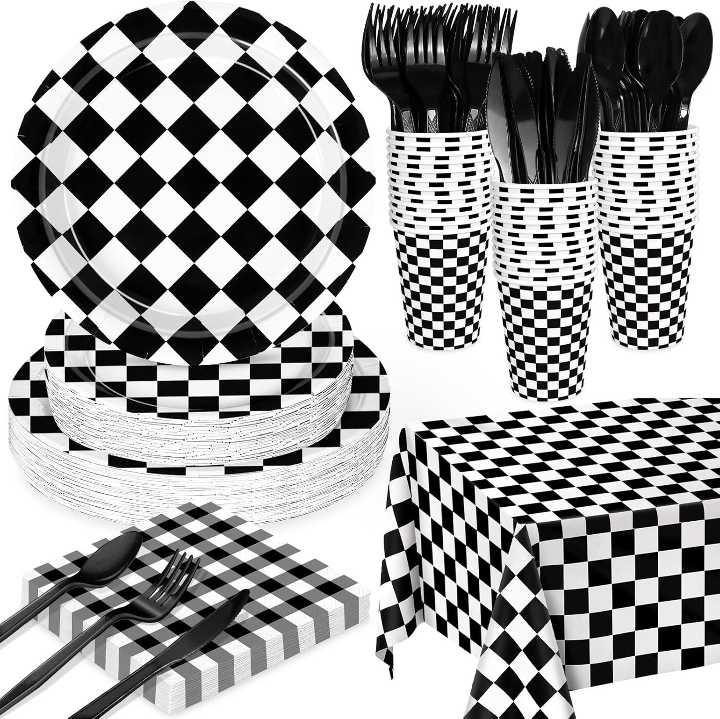 176 PCS Race Car Birthday Party Decorations Black and White Gingham Plates and Napkins, Cups Plastic Spoons Forks Knives, Cutlery for Cars Birthday Decorations, Serves 25