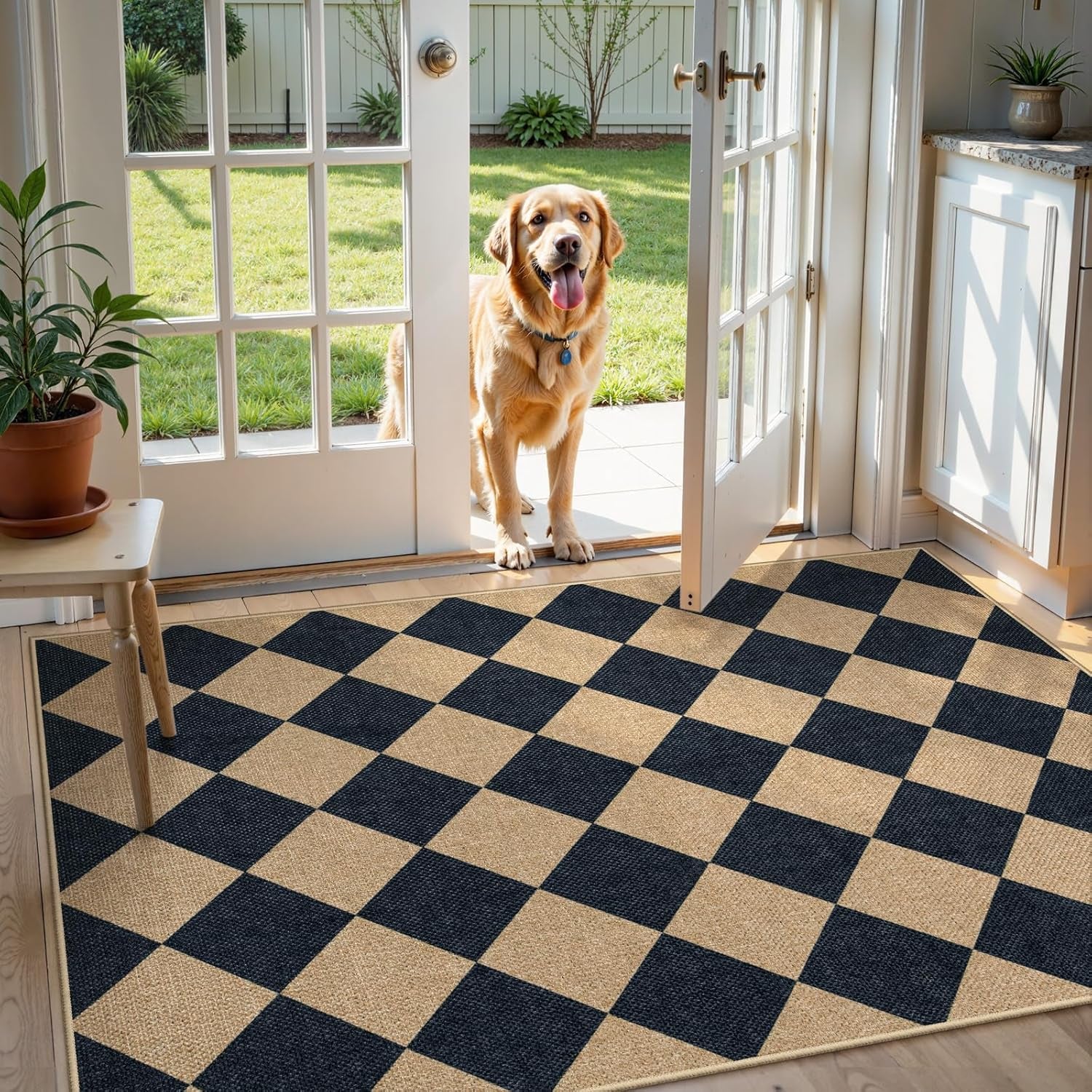 Checkered Easy Jute 3X5 Outdoor Patio Rug, Washable Rugs for Entryway Diamond Indoor Outdoor Living Room Carpet, Farmhouse Neutral Non Slip Black Door Carpet for Backyard Bedroom