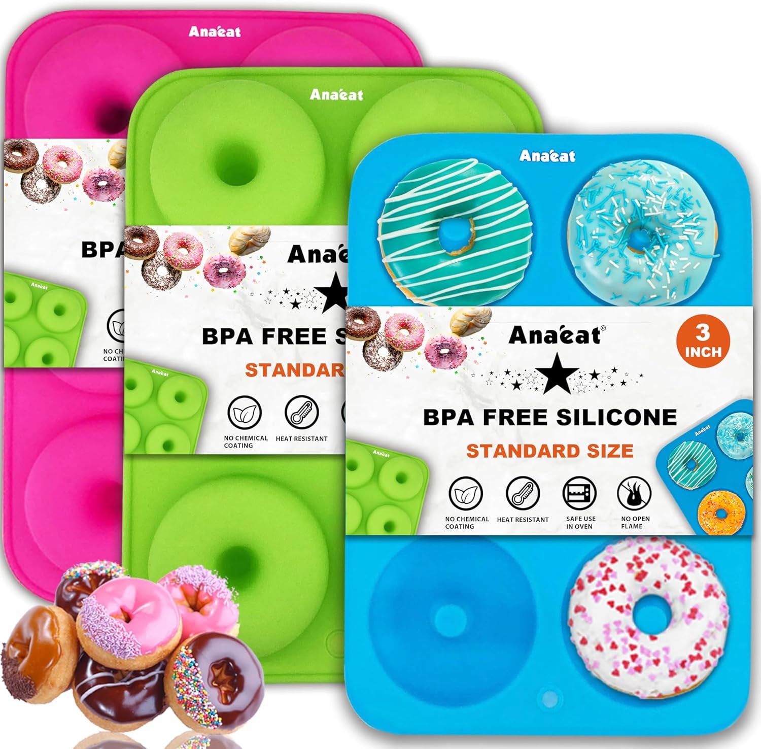 3 Pack Donut Pan Silicone Baking Mold, Just Pop Out! Non-Stick Doughnuts Baking Pans BPA Free for 6 Full-Size Donuts, Muffin, Cake Biscuit Bagels - Oven & Dishwasher Safe (Multicolor)