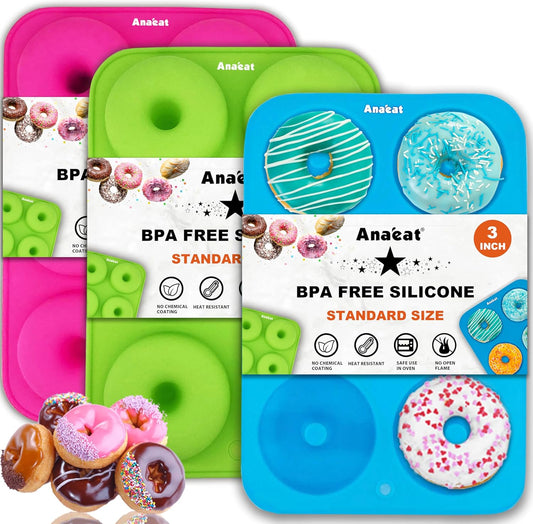 3 Pack Donut Pan Silicone Baking Mold, Just Pop Out! Non-Stick Doughnuts Baking Pans BPA Free for 6 Full-Size Donuts, Muffin, Cake Biscuit Bagels - Oven & Dishwasher Safe (Multicolor)