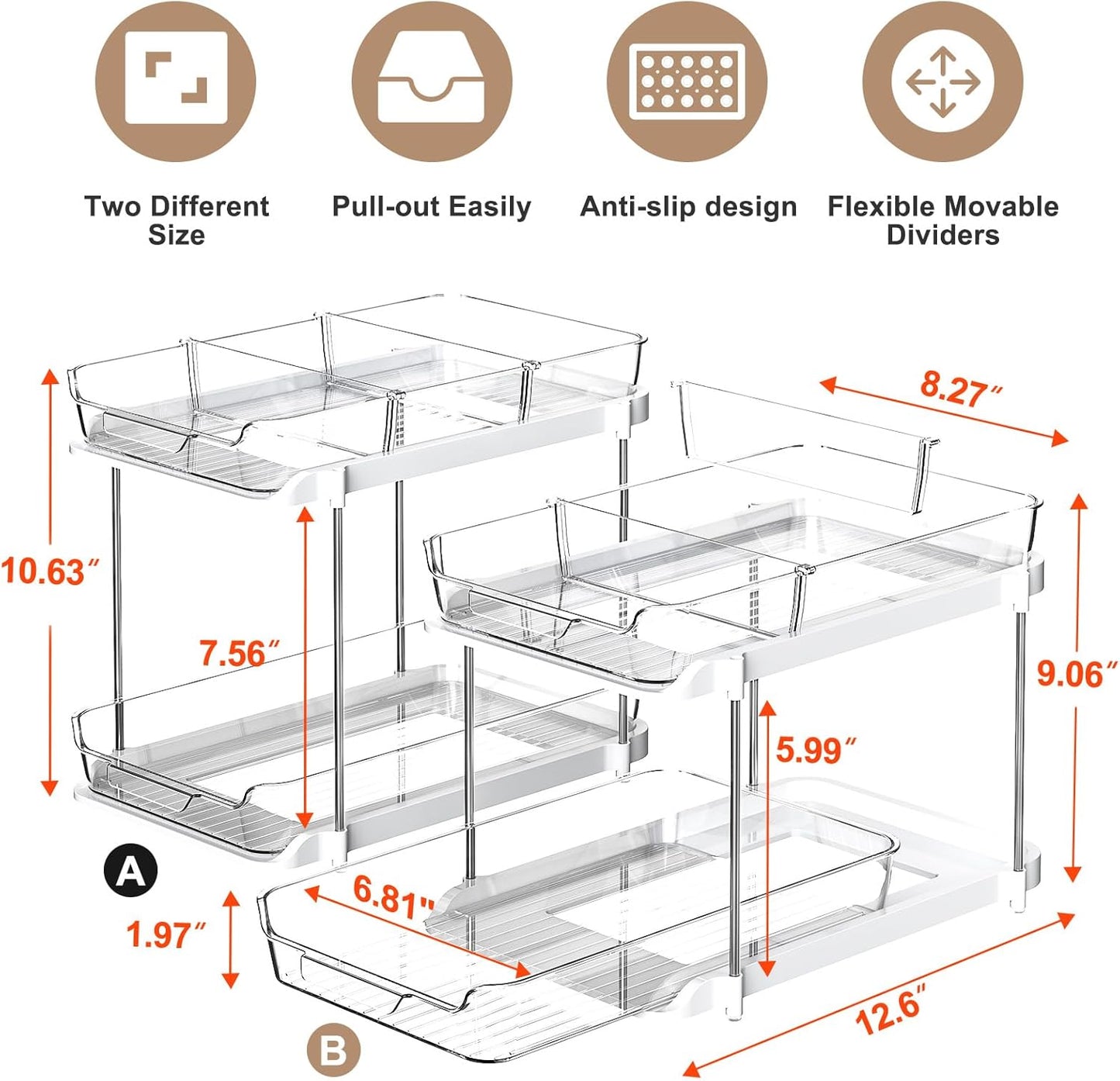 2 Sets of 2-Tier Multi-Purpose Bathroom under Sink Organizers and Storage, Stackable Kitchen Pantry Organization, Pull Out Medicine Cabinet Organizer with 8 Movable Dividers