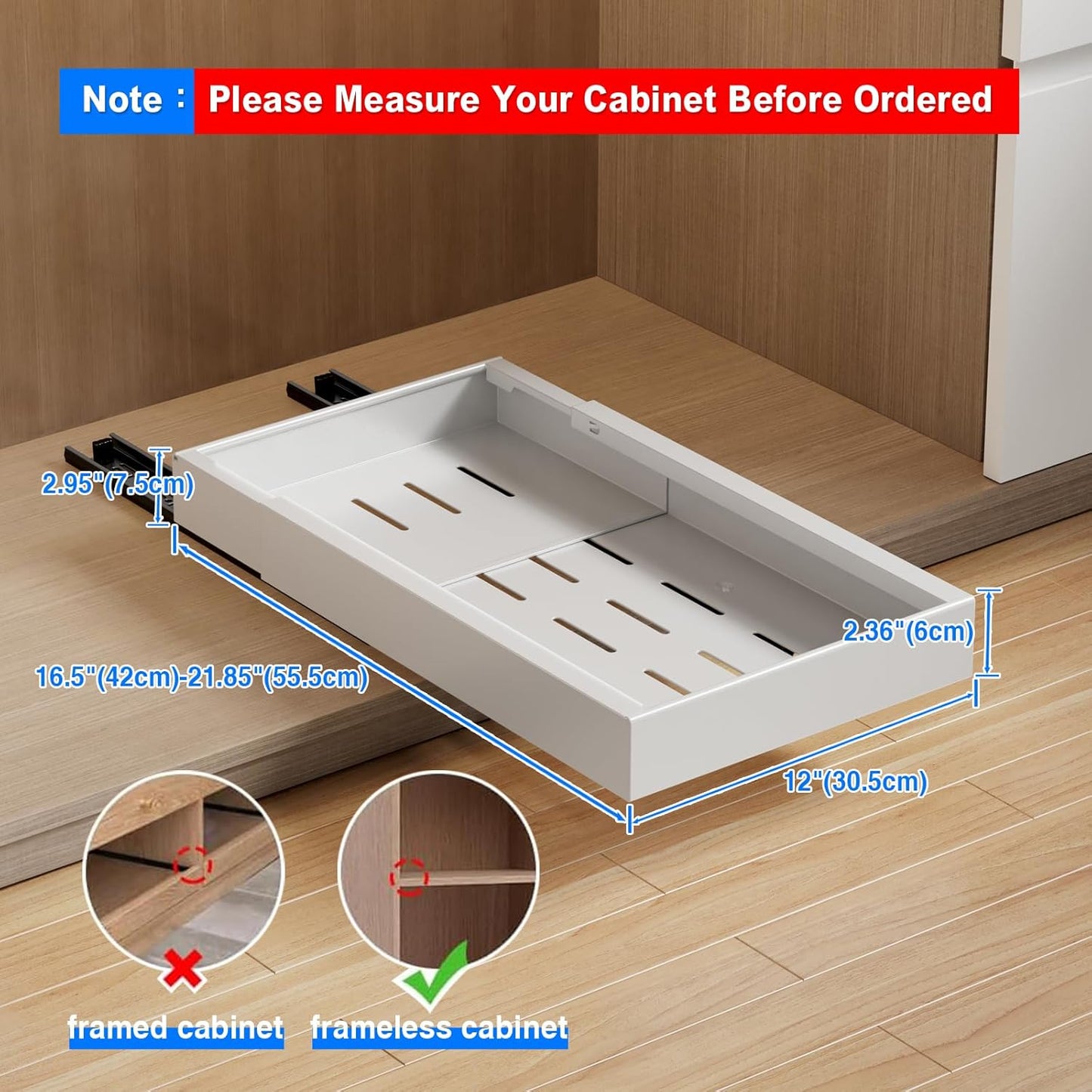 2 Pack Pull Out Cabinet Organizer, 21.8" Deep Slide Out Drawer for Cabinets Adhesive Pull Out Drawers Heavy Duty Pull Out Shelves for Kitchen, Cupboard, Pantry, Bathroom-White