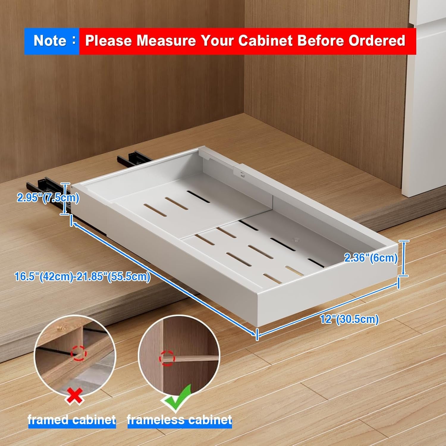 2 Pack Pull Out Cabinet Organizer, 21.8" Deep Slide Out Drawer for Cabinets Adhesive Pull Out Drawers Heavy Duty Pull Out Shelves for Kitchen, Cupboard, Pantry, Bathroom-White