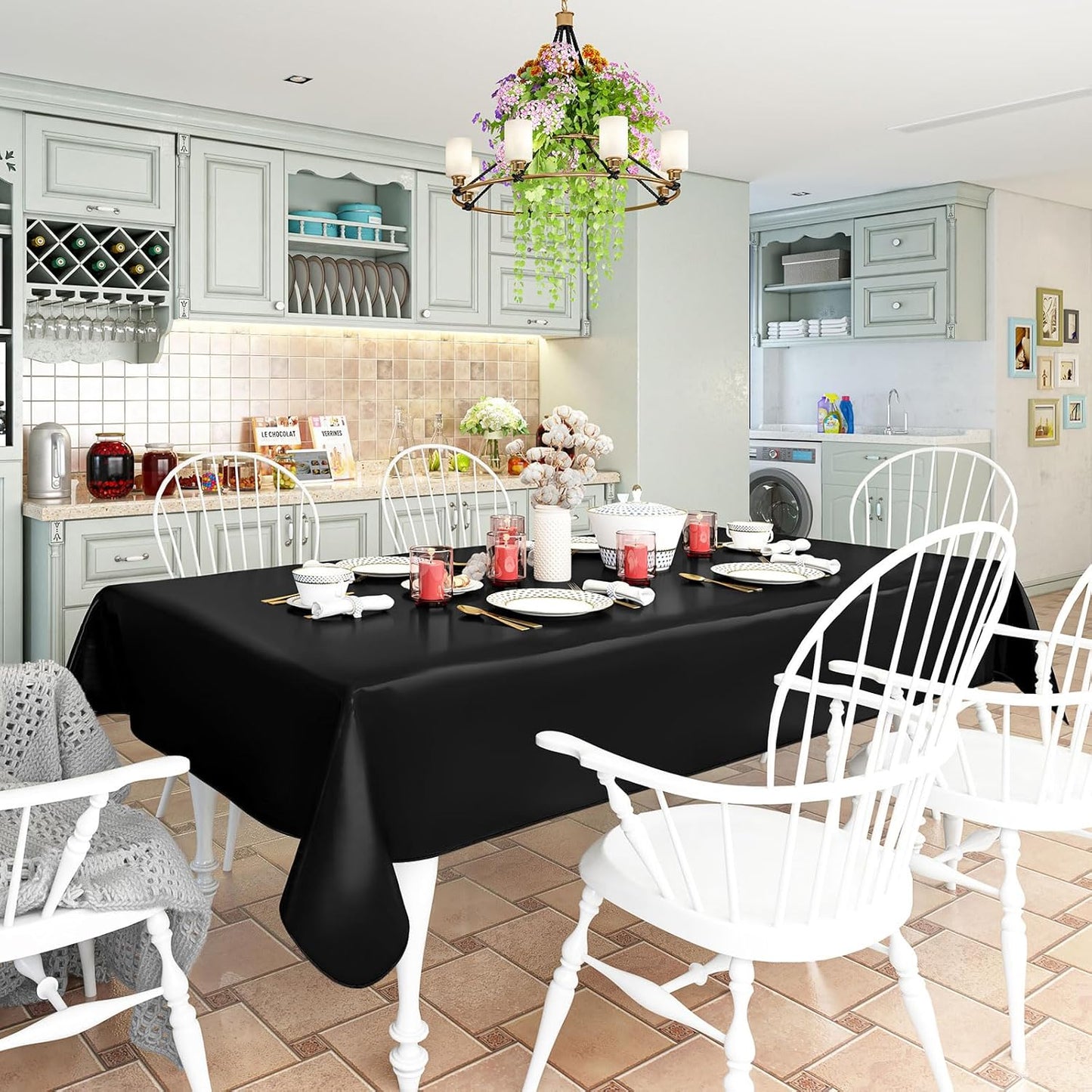 Rectangle Vinyl Tablecloth, Waterproof Spillproof Plastic Flannel Backed Table Cloth, Wipe Clean Table Cover for Dining, Buffet Parties and Camping (Black, 54" X 78")