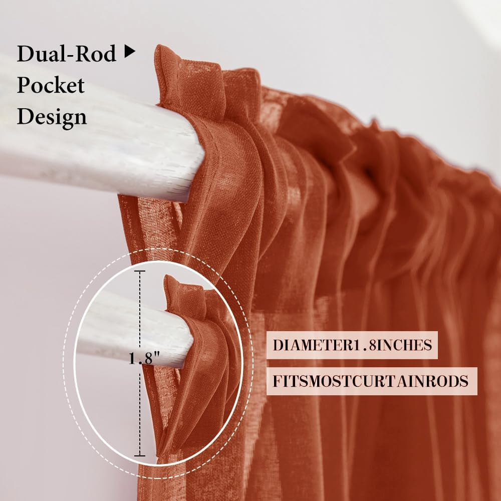 Terracotta Linen Textured Sheer Curtains 2 Panels for Kitchen/Bedroom/Living Room Semi Transparent Voile Drapes Rust Boho Farmhouse Fall Decor Window Panels Rod Pocket, W 54 X L 54 Inches Long