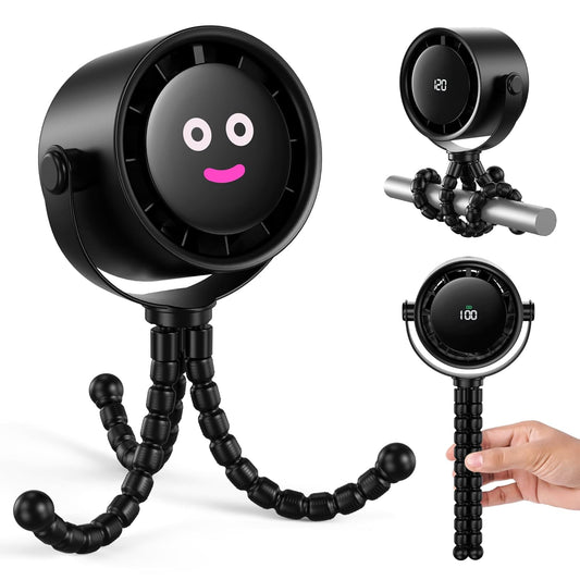 Portable Stroller Fan, Rechargeable Battery Operated, 5 Speeds with High-Speed Cooling, 17H Runtime, Digital Display, 360° Rotation, Ultra-Quiet, Flexible Tripod for Car Seats, Tents, Cribs