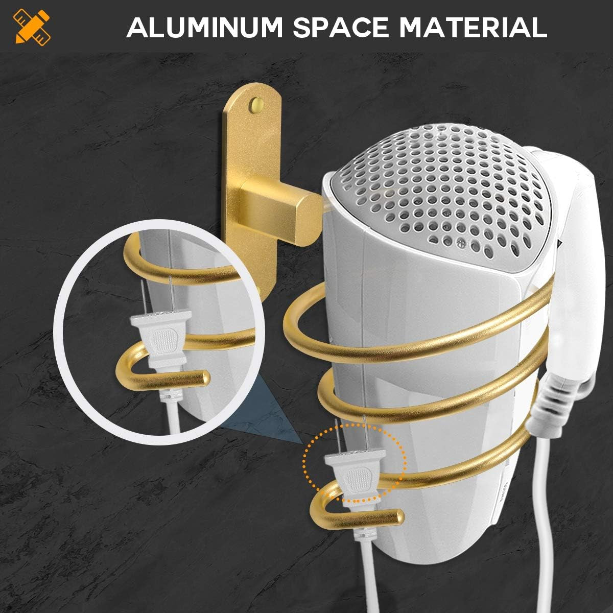 Wall-Mounted Gold Hair Dryer Holder for Bathroom Hair Care Tools