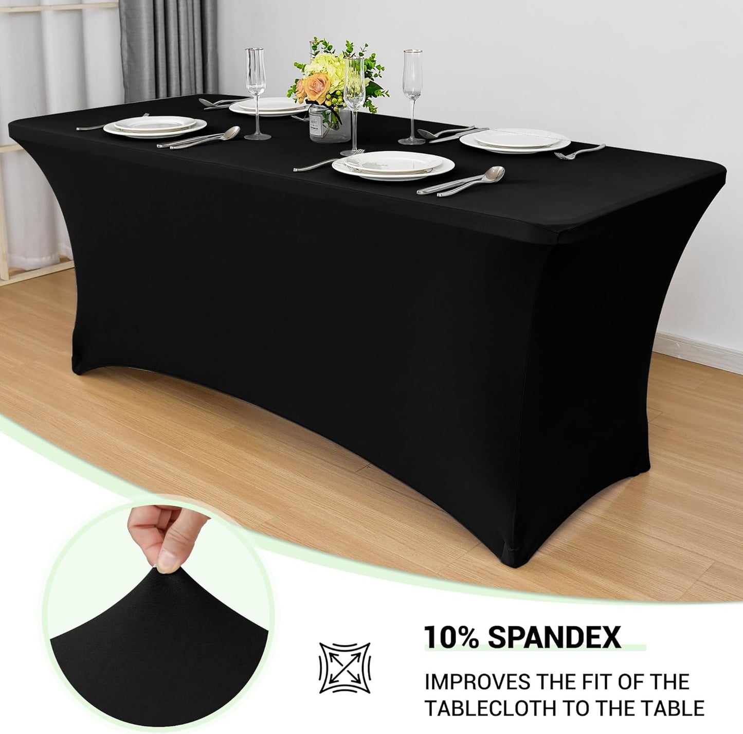 6Ft Stretch Black Spandex Table Cloth for Standard Folding Tables - 2 Pack Universal Rectangular Fitted Tablecloth Protector for Wedding, Trade Show, Vendor Stand