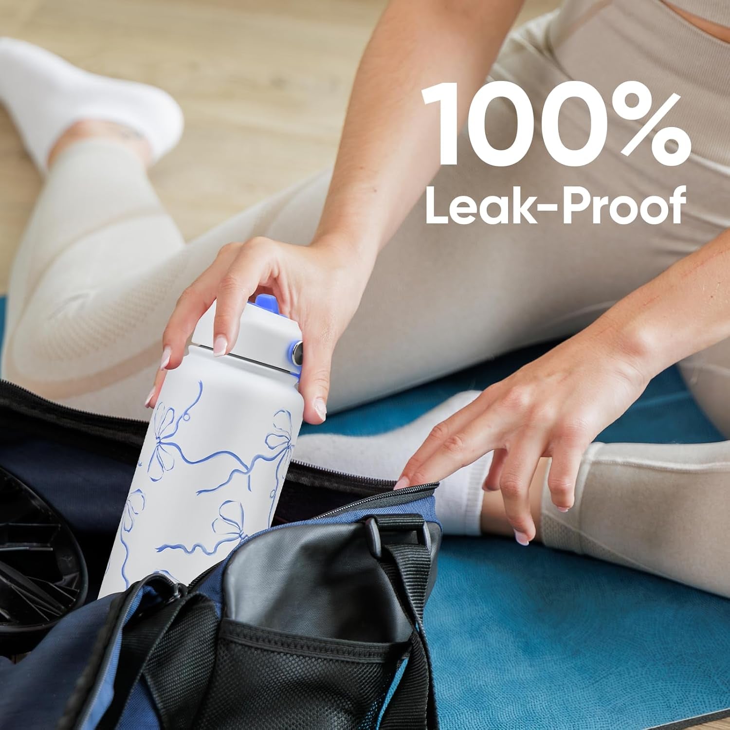 32 Oz Stainless Steel Insulated Water Bottle with Flip Straw and Handle, Leak-Proof, Reusable, Wide Mouth Design for Travel, Gym, and School (Breeze Blue Bow)