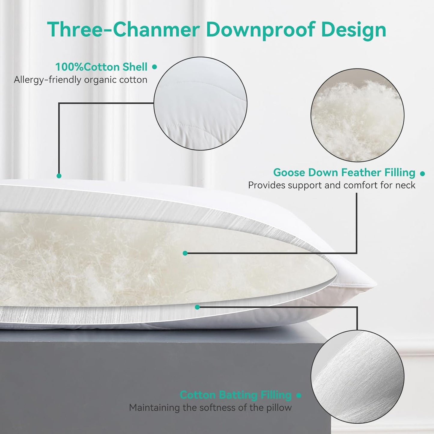 King Size White Goose Feather Down Pillow - 100% Cotton, Medium Firm, Soft Support