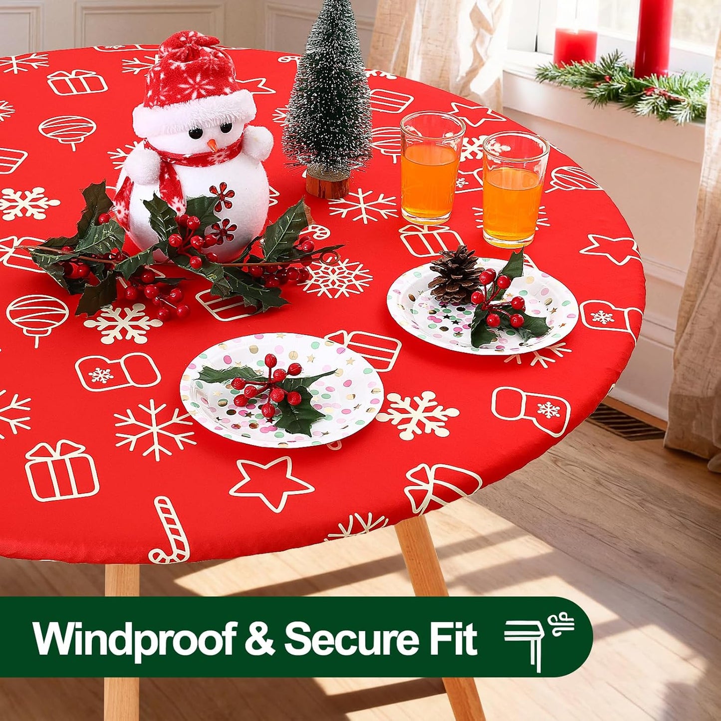 round Spandex Tablecloth, Elastic Fitted Washable Tablecloths for 36"-44" Tables, Waterpoof Stretch Picnic Table Cover for Dining, Indoor and Outdoor, Snowflake