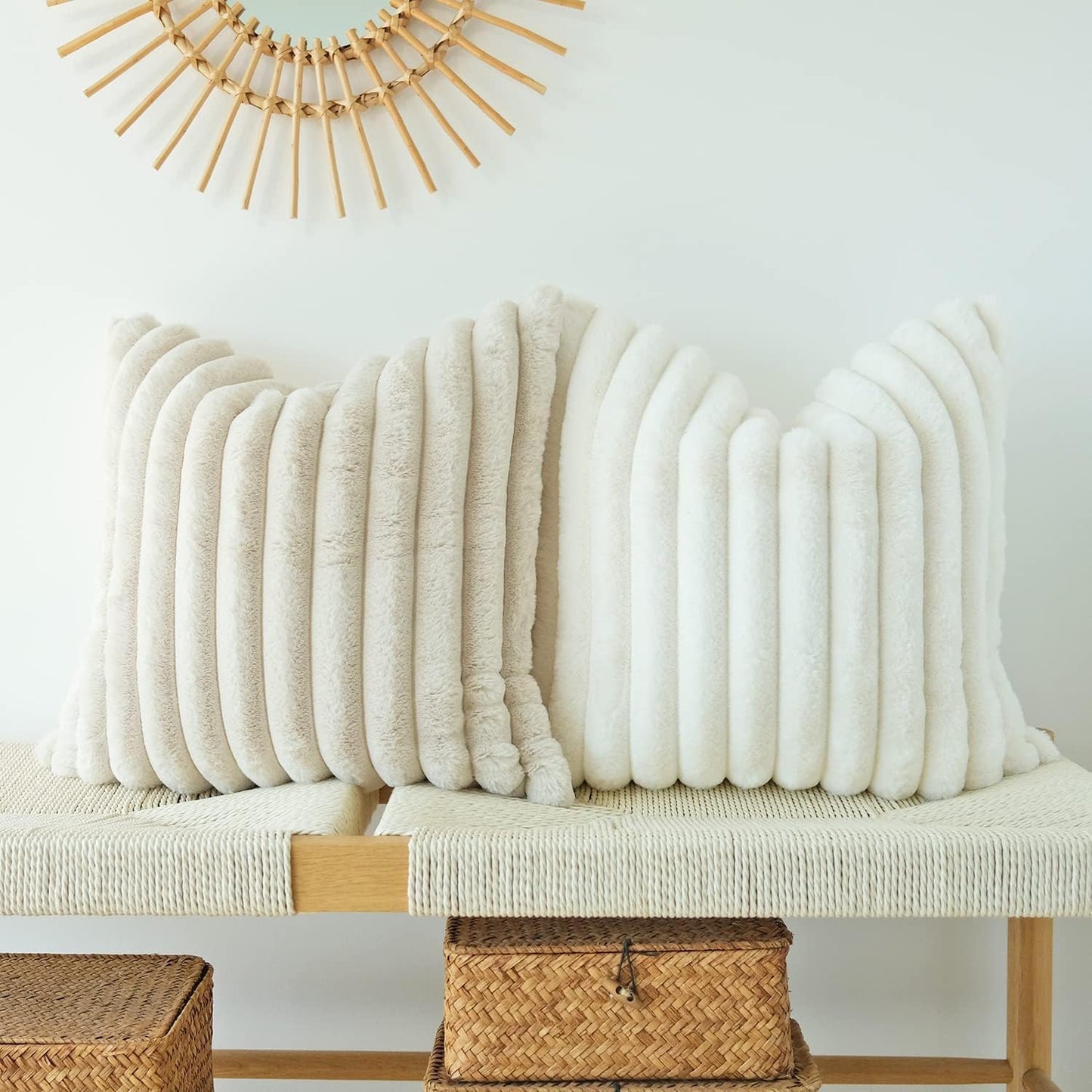 Pack of 2 Faux Fur Plush Decorative Throw Pillow Covers for Home, Couch Cushion Case Soft Solid Pillowcases (Beige, 20 X 20-Inch)
