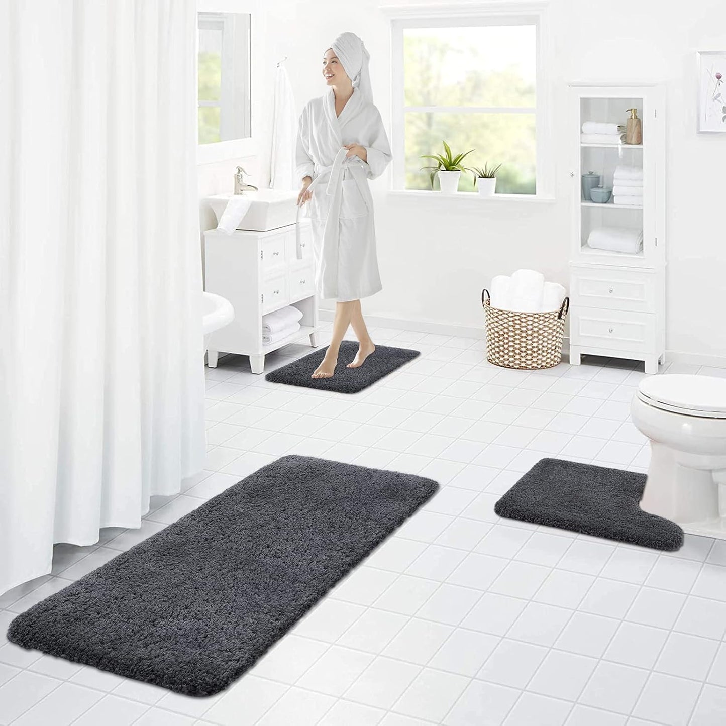 Microfiber Bathroom Rugs Set 2 Pieces - Shaggy Soft Thick Bath Mat, Non-Slip Machine Wash/Dry Absorbent Shower Bathroom Rugs and Mats Sets for Bathroom(20"X32"+20"X32", Charcoal Grey)