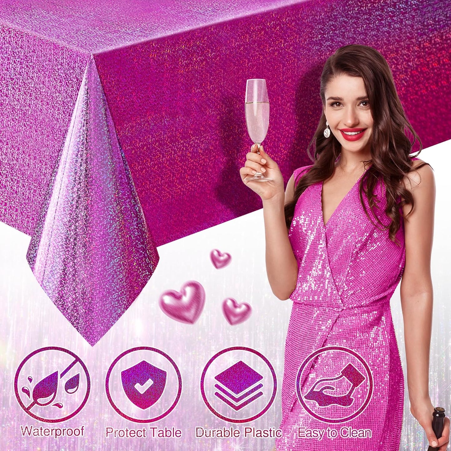 Fuchsia Holographic Foil Tablecloths - Set of 2, 54x108 Durable Table Covers with Elegant Shimmer for Parties, Weddings, and Showers
