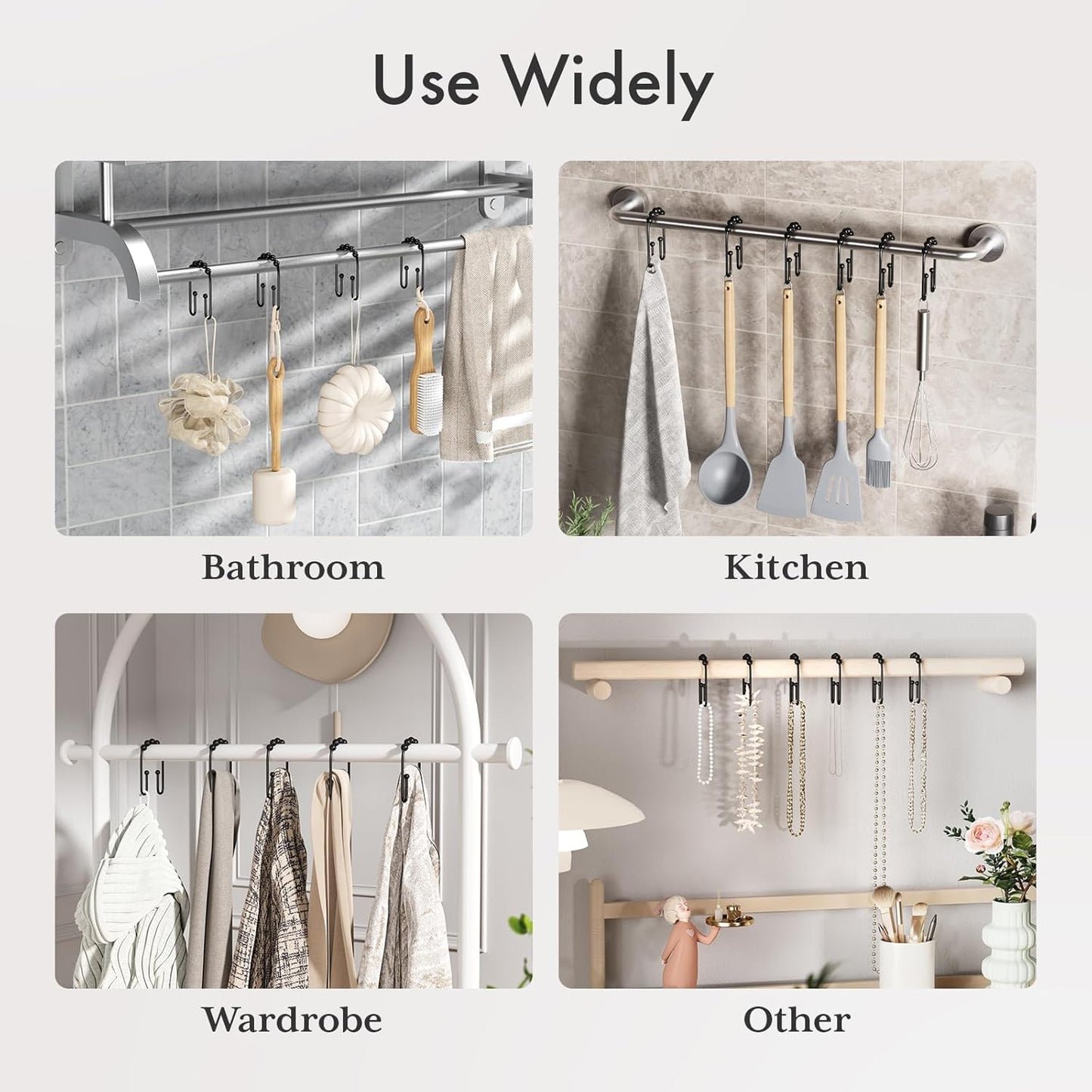 Shower Curtain Hooks, Black Rust Proof Non-Slip Double Hooks for Shower Curtain, Sturdy Metal Rings Bathroom 12Pcs