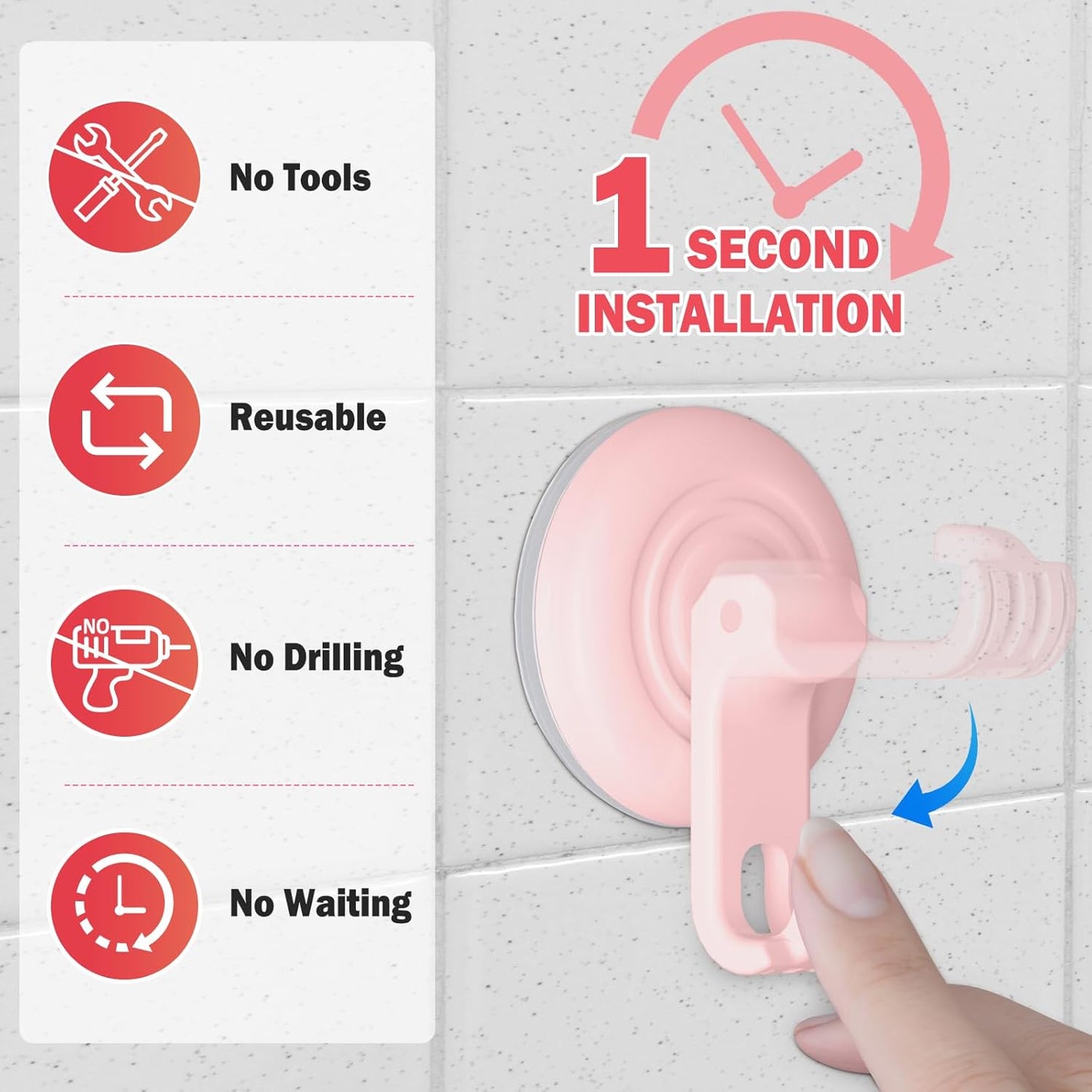 Suction Cup Hooks for Shower, Powerful Vacuum Shower Hook for Towel, Robe, Loofah - Reuseable and Removeable Bathroom Hook, Pink, 4 Pack