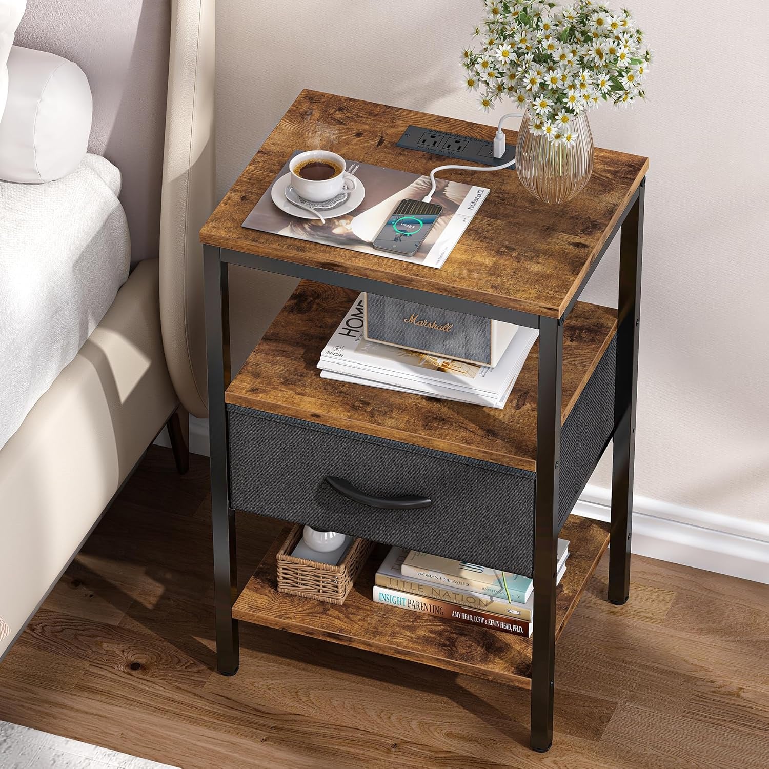 Rustic Brown and Black Nightstand with Charging Station and Adjustable Fabric Drawer, 3-Tier Storage End Table for Bedroom and Living Room