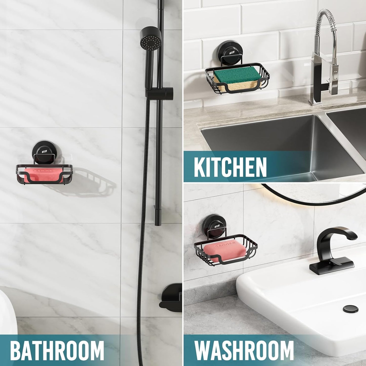 Soap Holder Bar Dish Suction Cup, Bar Shampoo Rack for Shower Wall, Draining Soap Saver Tray for Bathroom, Rustproof Stainless Steel Sponge Holder for Tub, Kitchen, Drill-Free, Black