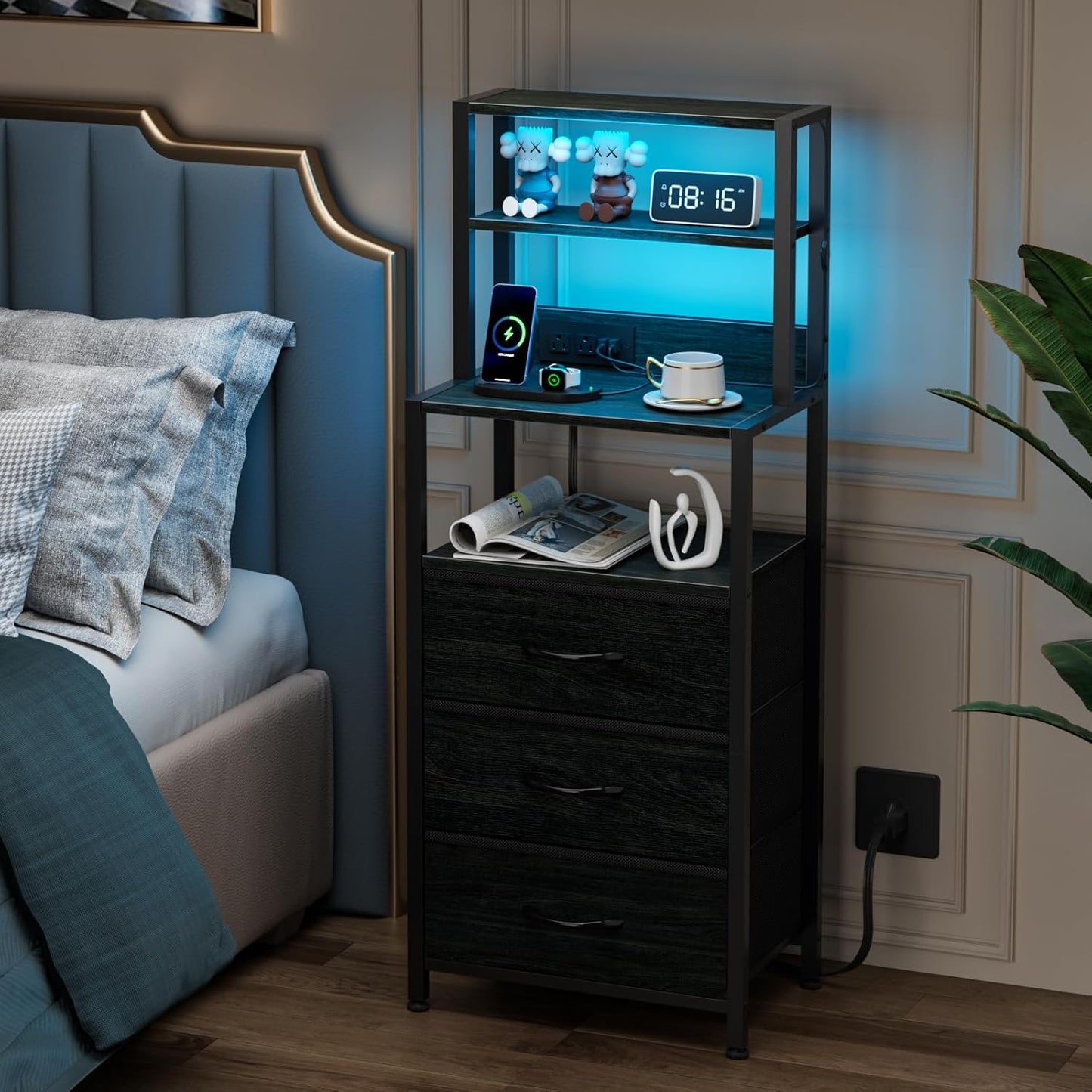 Tall Nightstand with 4-Tier Shelves, 3 Fabric Drawers, LED Charging Station, Black Oak Bedside Table for Bedroom, Hallway, and Home Office