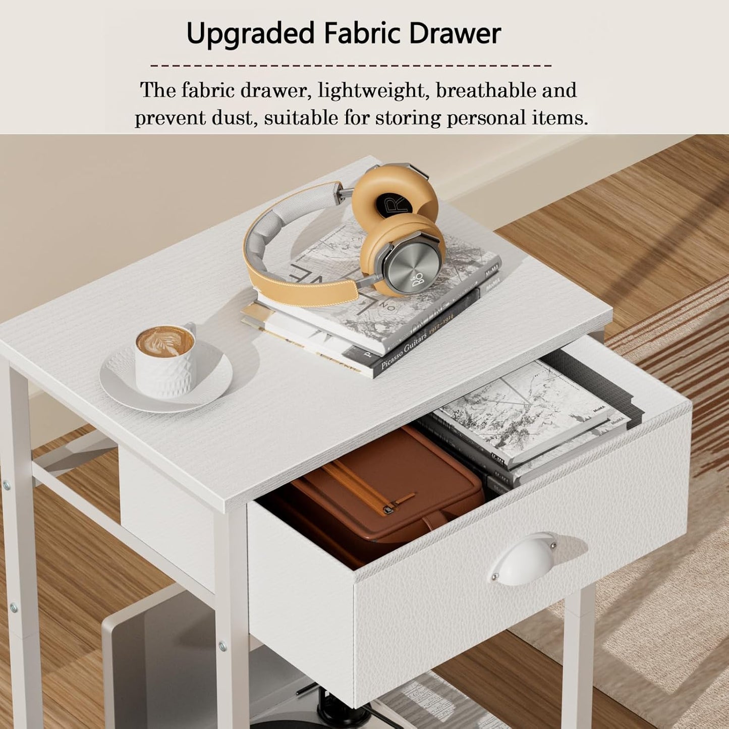 White Nightstand with Fabric Drawer, Small Side Table for Small Spaces, 2 Tiers Storage Shelves End Table, Night Stand for Living Room, Bedroom, Dorm