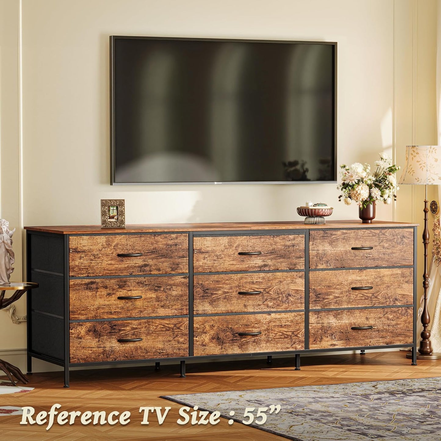 63-Inch Rustic Brown Dresser with 9 Drawers, Versatile Entertainment Center and Large TV Stand for 55-70 Inch TVs