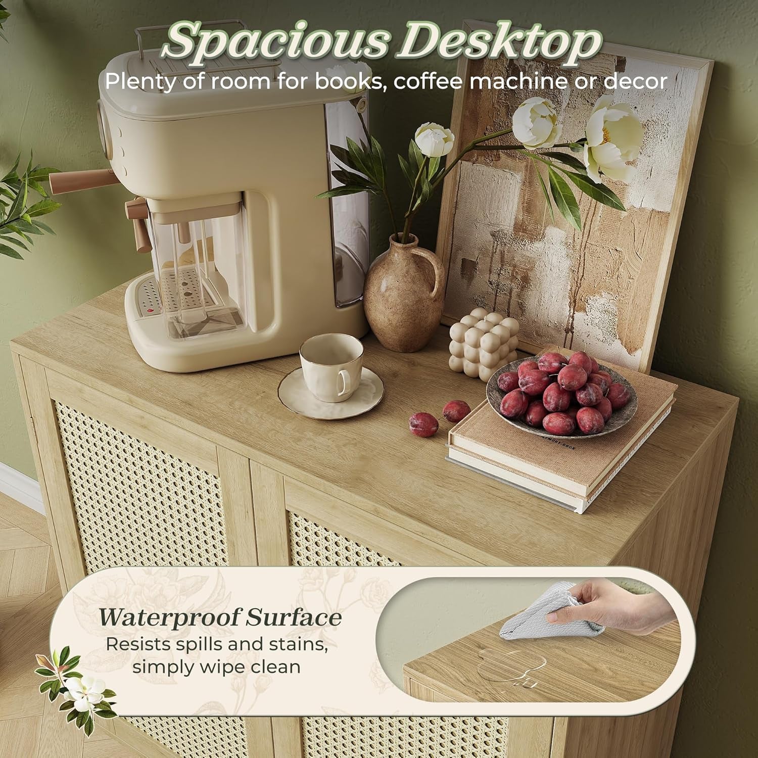 Buffet Cabinet with Storage and PE Rattan Decor Doors, Accent Sideboard with Solid Wood Legs for Hallway, Entryway, and Living Room in Natural Finish